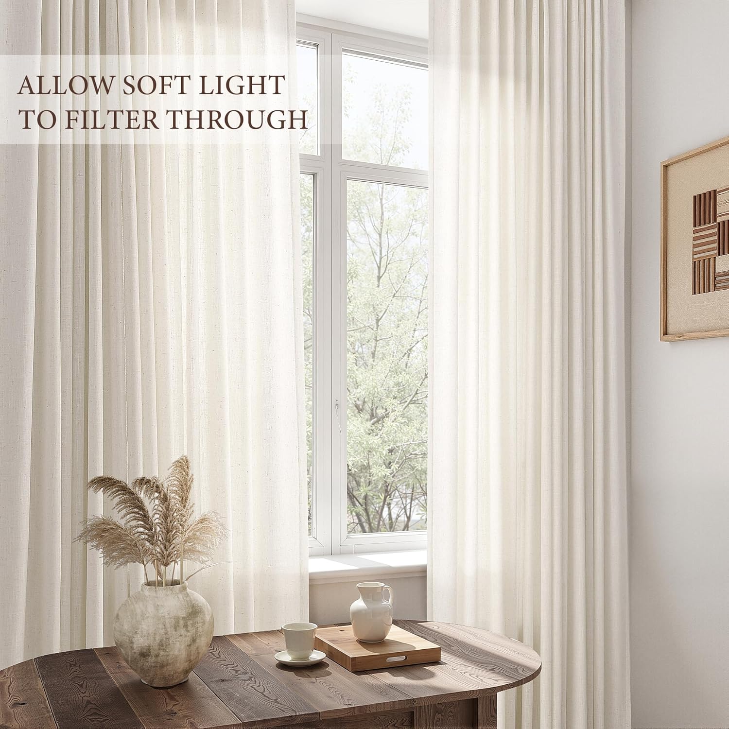 SMABU Linen Pinch Pleated Curtains 84 Inches Long for Living Room 2 Panels, Back Tab Textured Light Filtering Semi Sheer, Privacy Cream Curtains for Bedroom, Farmhouse Pleated Drapes, 40X84