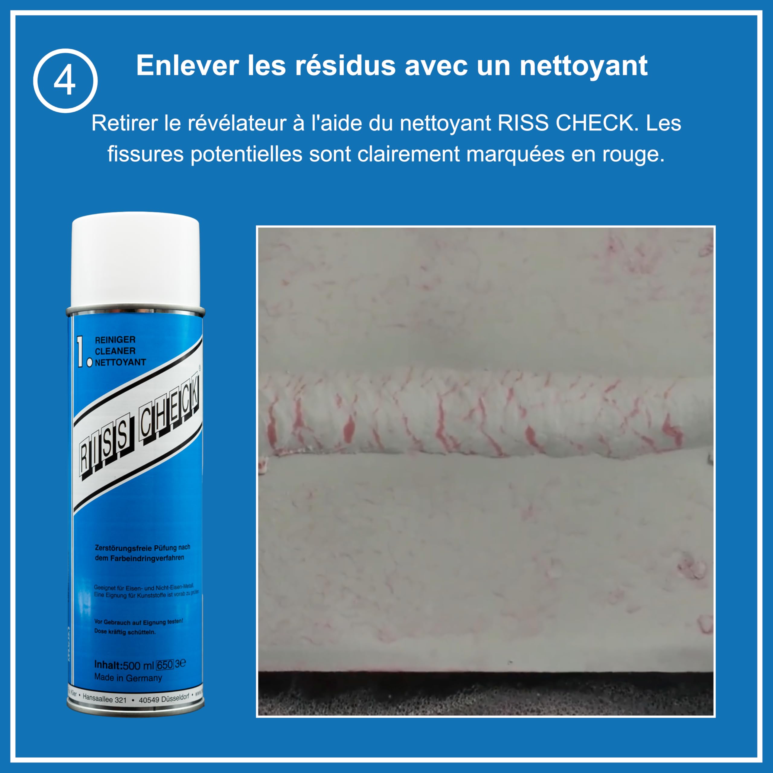 Kit contrôle par ressuage 3×500 ml – Spray nettoyant fissures, spray détecteur rouge, spray contraste blanc – Essai non destructif conforme DIN EN ISO 3452-2