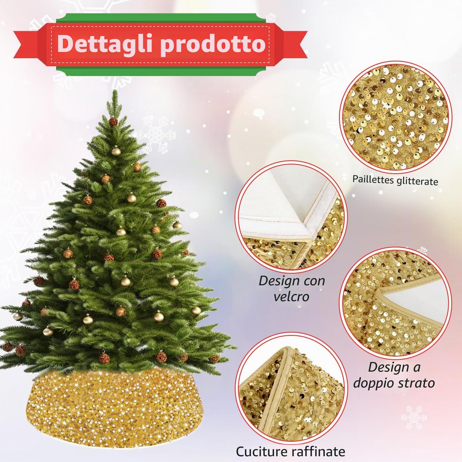 Collare per Albero di Natale 60cm, Oro Glitterato Copertura per Base dell'albero di Natale, Rotondo Gonna per Albero di Natales Pieghevole per la Decorazione Natalizia