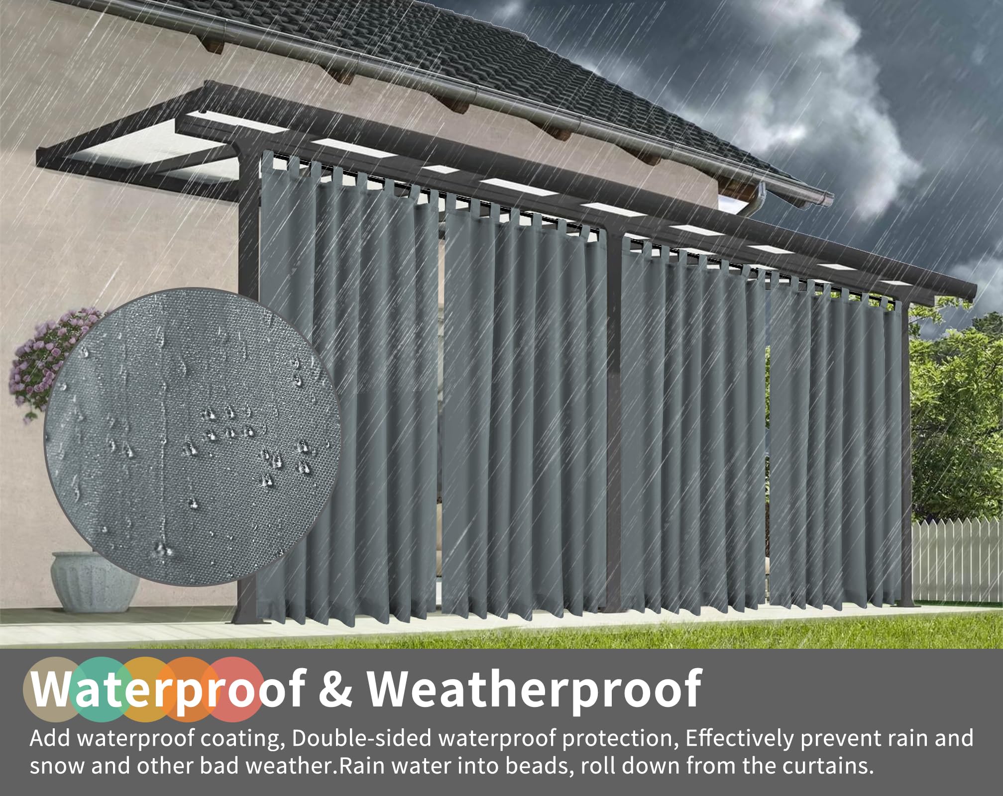 2 Stücke Outdoor Vorhang Wetterfest mit Klett-Schlaufen, Outdoorvorhänge Balkon Vorhang Terrasse Vorhänge Gardinen Sonnenschutz & Sichtschutz Vorhänge mit Schlaufen Unten, H260 x B155 cm, Dunkelgrau