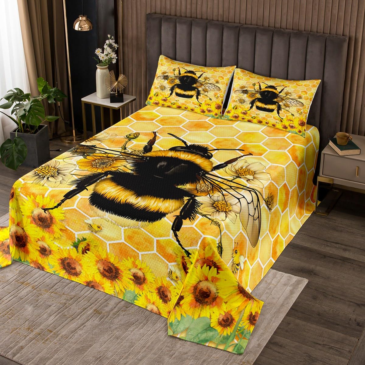 3D Yellow Bee Honeycomb Coverlet Set Chic Sunflower Floral Plants Quilted Coverlet Rustic Farmhouse Comforter Set Bedspreads Quilt Set for Children Kids Coverlet Set,Twin Size 2 Pcs