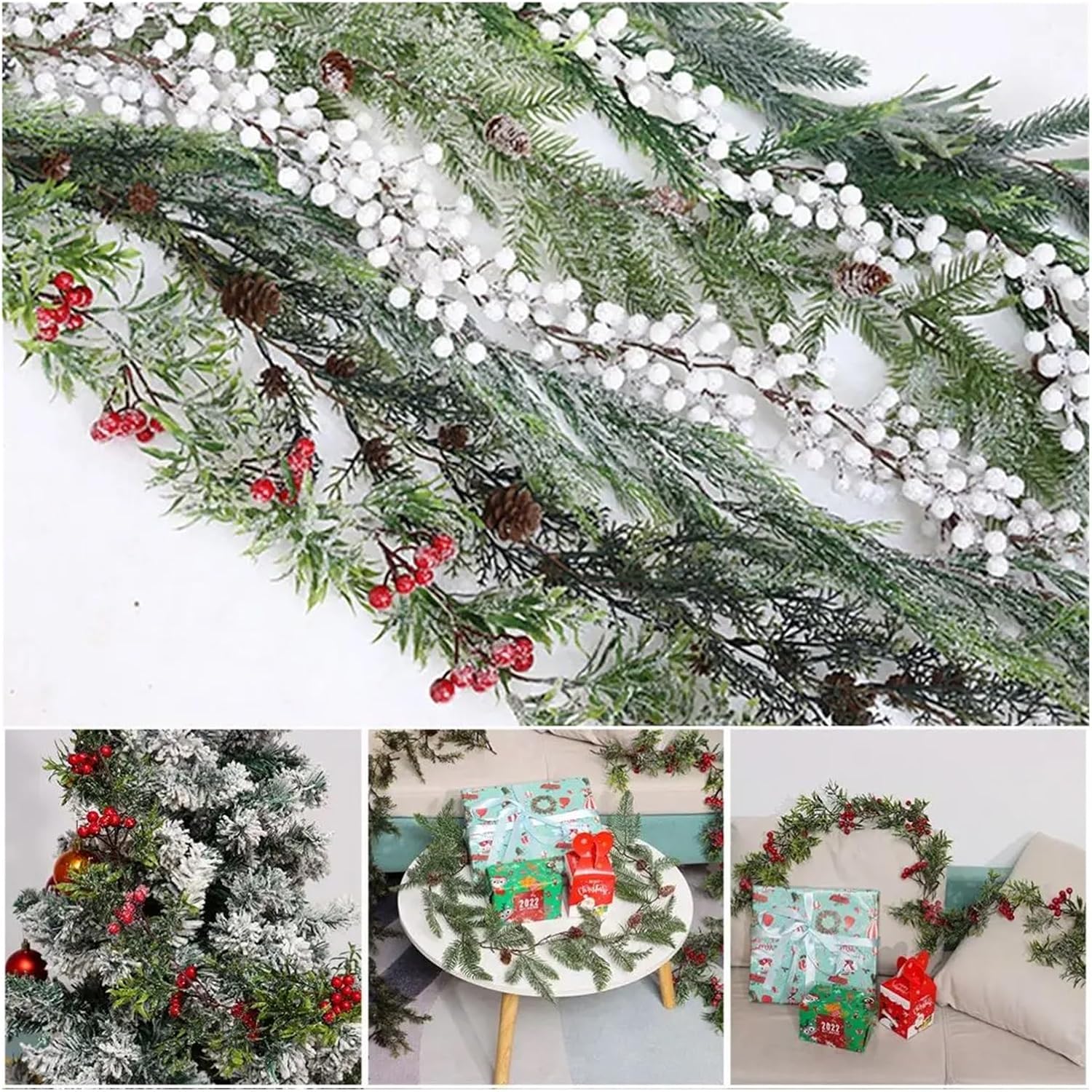 WHZHDMA Christmas Decorative Garland Hanging Wreath Artificial Red Berries Pine Cones Vine Wedding Party Fireplace Stairs Ornament Gift