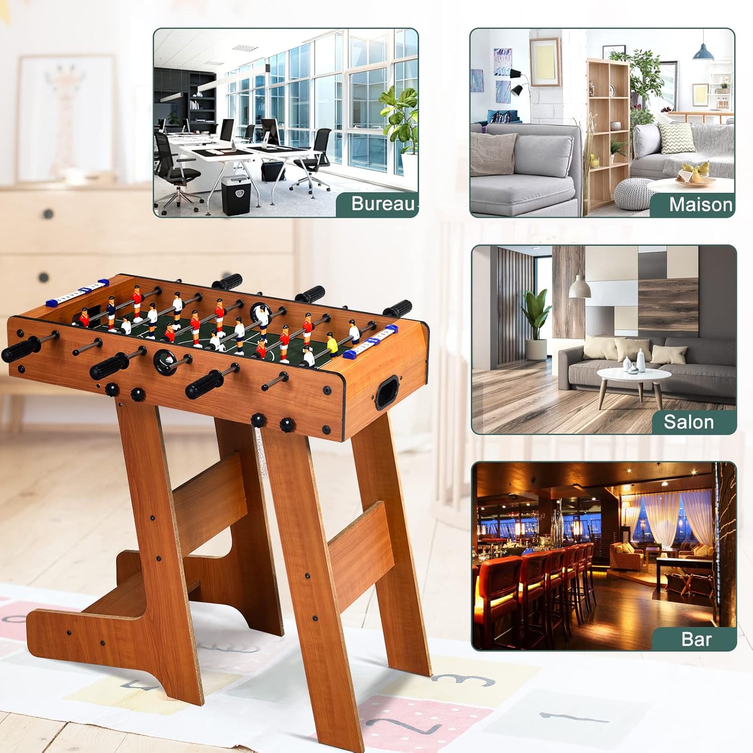 Image showing the foosball table in both its playing position and its folded, upright storage position.
