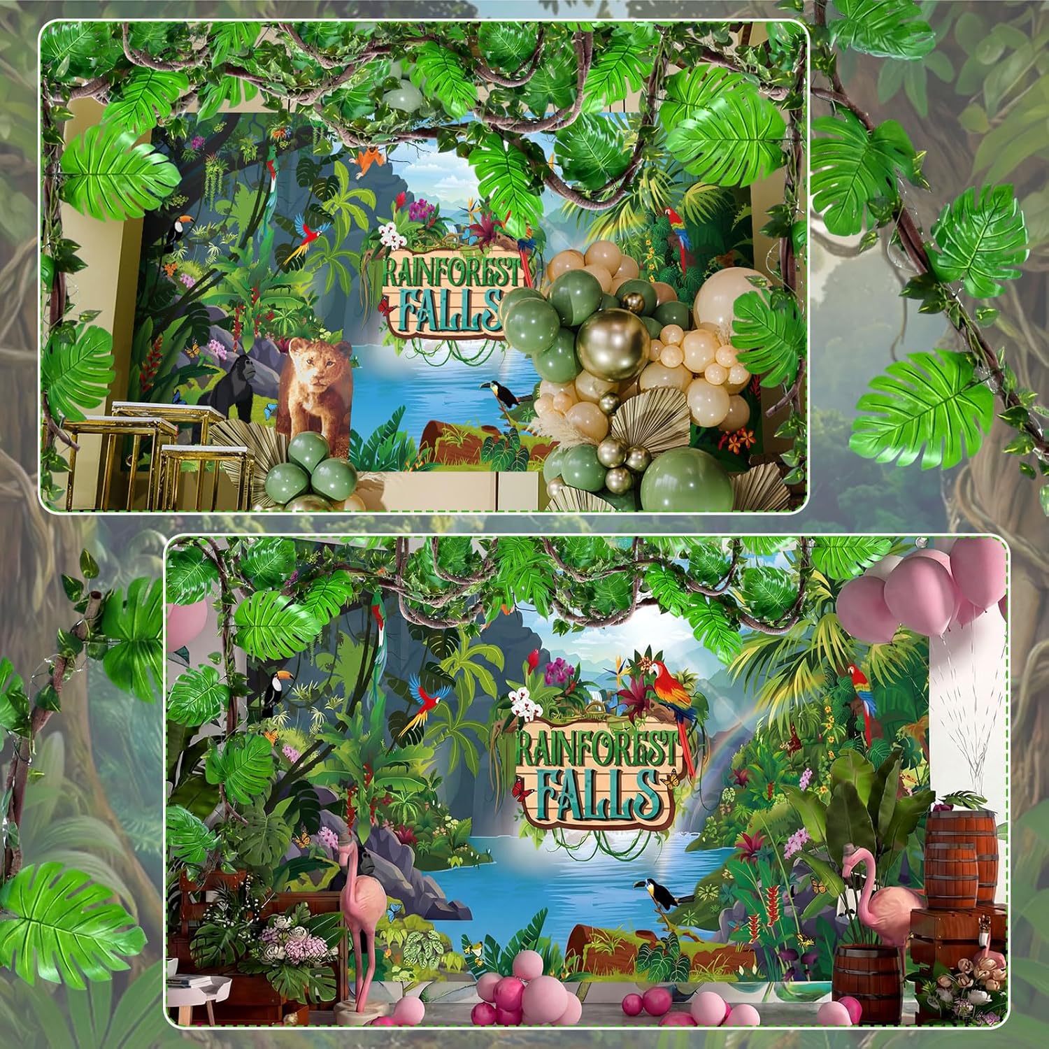 Riceshoot 44 Pcs VBS Rainforest Falls 2026 Party Decorations Set with Rainforest Falls Backdrop Artificial Rattan Fake Vines Palm Leaves for VBS Sunday School Religious Tropical Jungle Forest Supplies