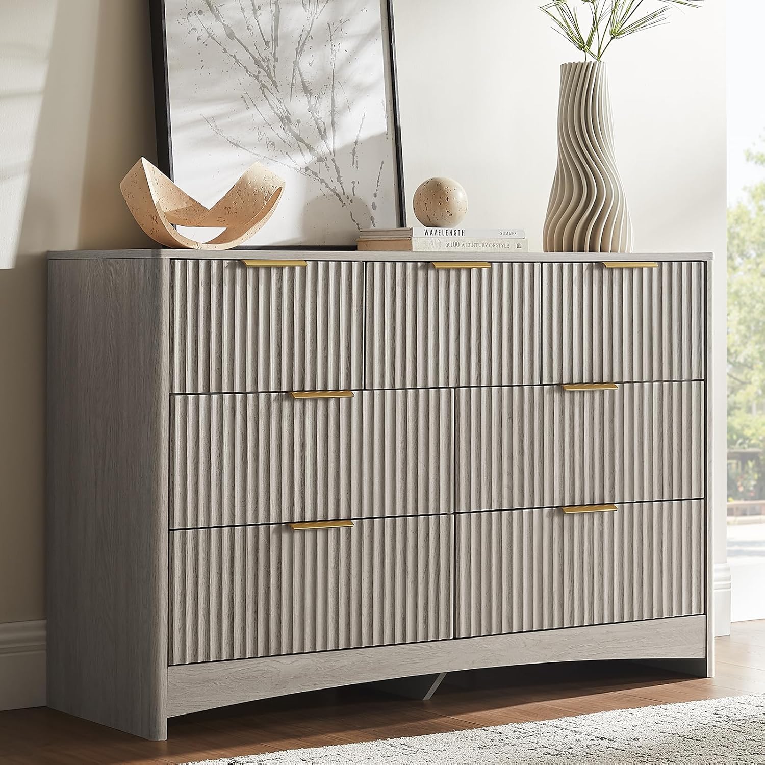 Amada Modern 6 Drawer Dresser, Fluted Wood Chest of Drawers with Rounded Corners, Pre-Installed Drawer Slides, Dresser TV Stand and Storage Organizer for Bedroom, Hallway, Natural Oak