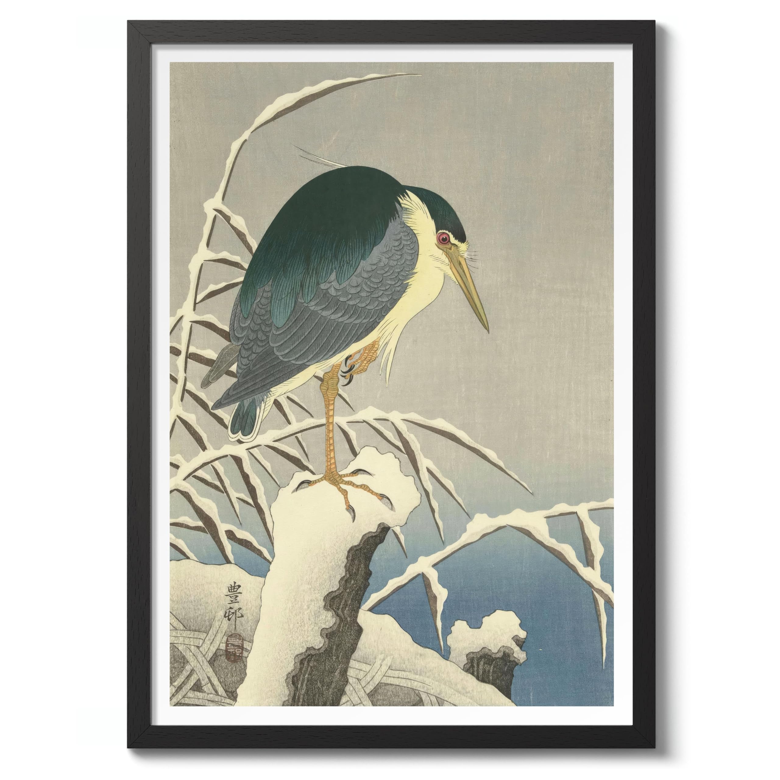 Heron In Snow Ohara Koson Poster, Japanese Woodblock Ukiyo-E Print, Vintage Bird Art Picture Animal Painting Wall Art Exhibition, Japan Birds Home Decor, A5 (Black Frame) - 24.1x17.9cm — image 1