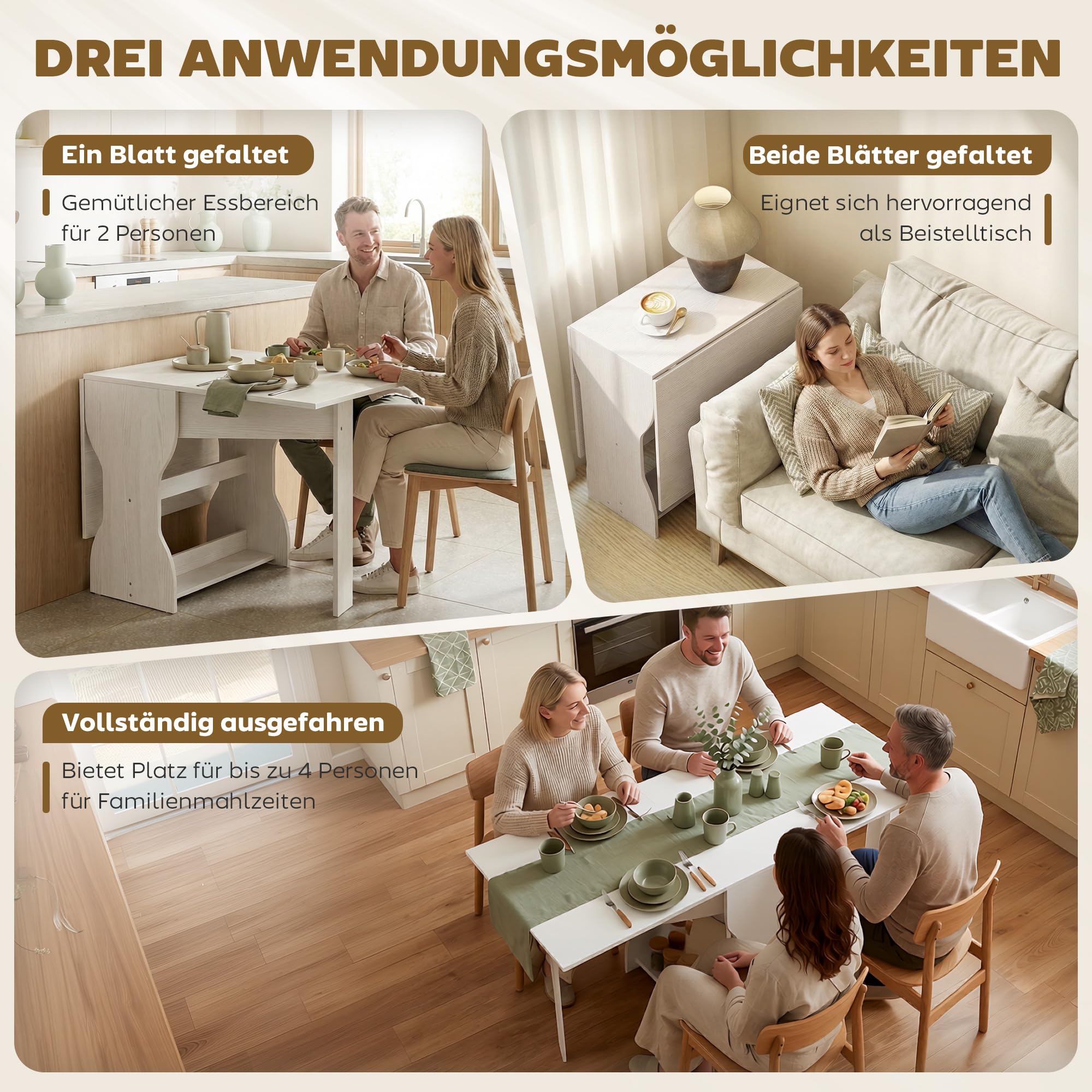 HOMCOM Esstisch Klappbar, Küchentisch mit Stauraum für 2-4 Personen, Klapptisch Esszimmertisch für Kleine Räume, Esszimmer, Küche, 160 x 60 x 75 cm, Weiß