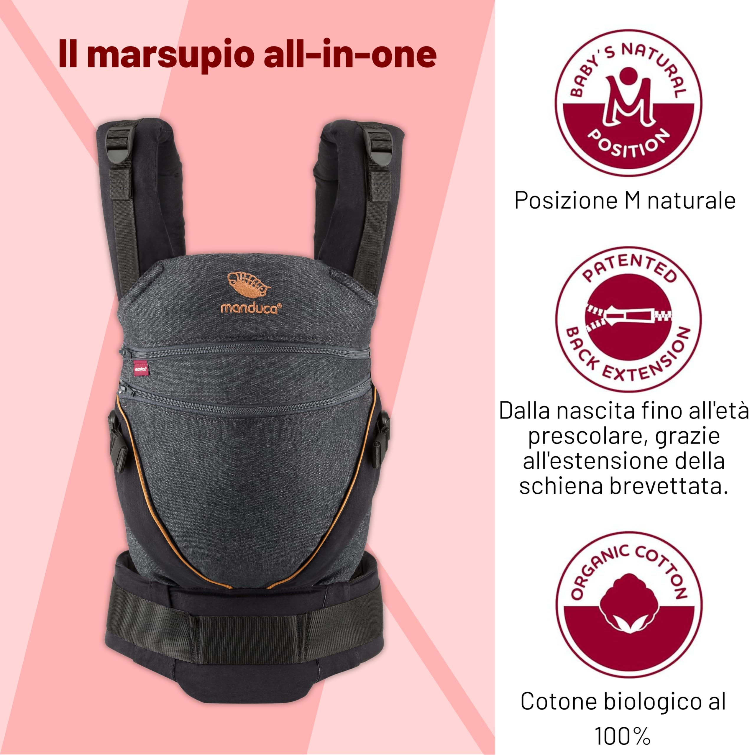 Manduca Xt Marsupio Bambino, Uno per Tutti, Marsupio Ergonomico e Flessibile Con Seduta Regolabile per Neonati e Bambini Fino a 20kg, XT Cotton Edition, Cotone Biologico Denim Nero + Caramello