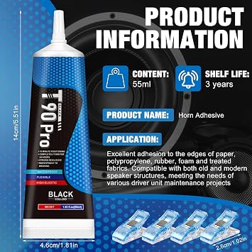 1.86 Oz Speaker Glue, Speaker Repair Glue, Strong Speaker Glues with Blue Clips, Waterproof and Shockproof, Used for Assembling and Repairing Speaker Equipment and Can Bond Variety of Materials