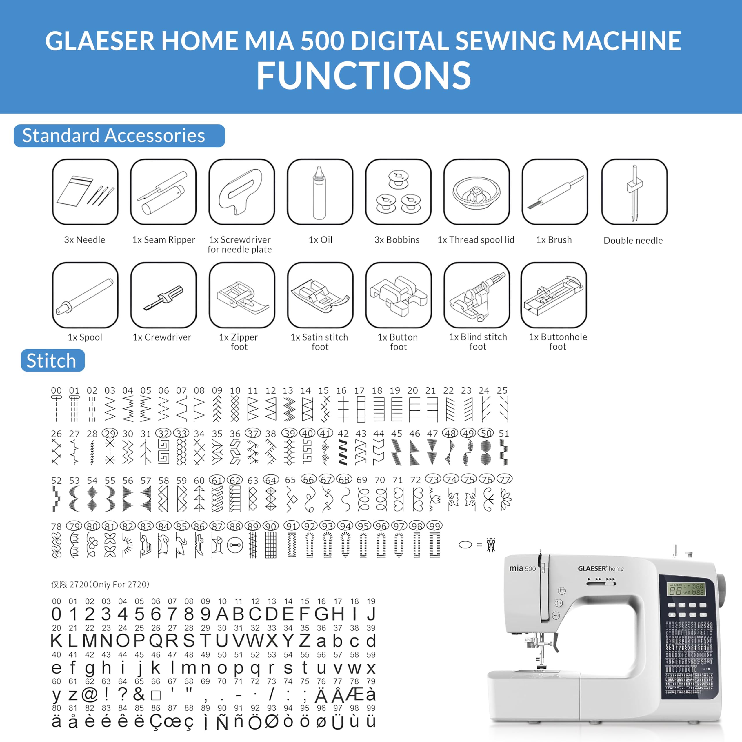 Digitale Nähmaschine GLAESER® home mia 500 300 Stich-Varianten Doppelnadel LED Display Einklappbarer Griff Einschnapp-Automatik Nähfuss Doppelnadel-Funktion Elektronische Start-Stopp-Funktion
