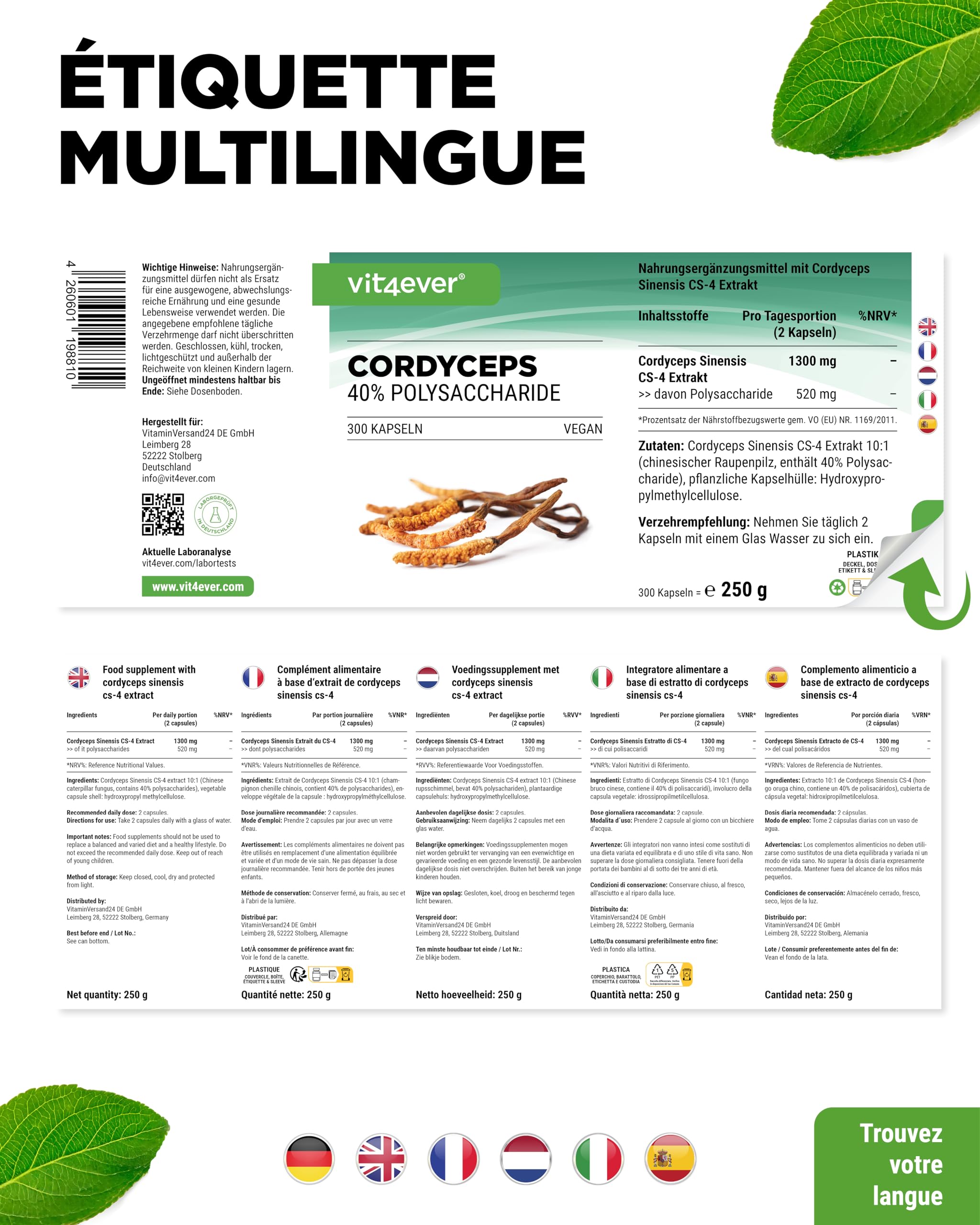 Champignon Cordyceps - 300 capsules avec 650 mg de Véritable Extrait de CS-4-40% de Polysaccharides Bioactifs - Haute Dose - Champignon Chenille - Vegan