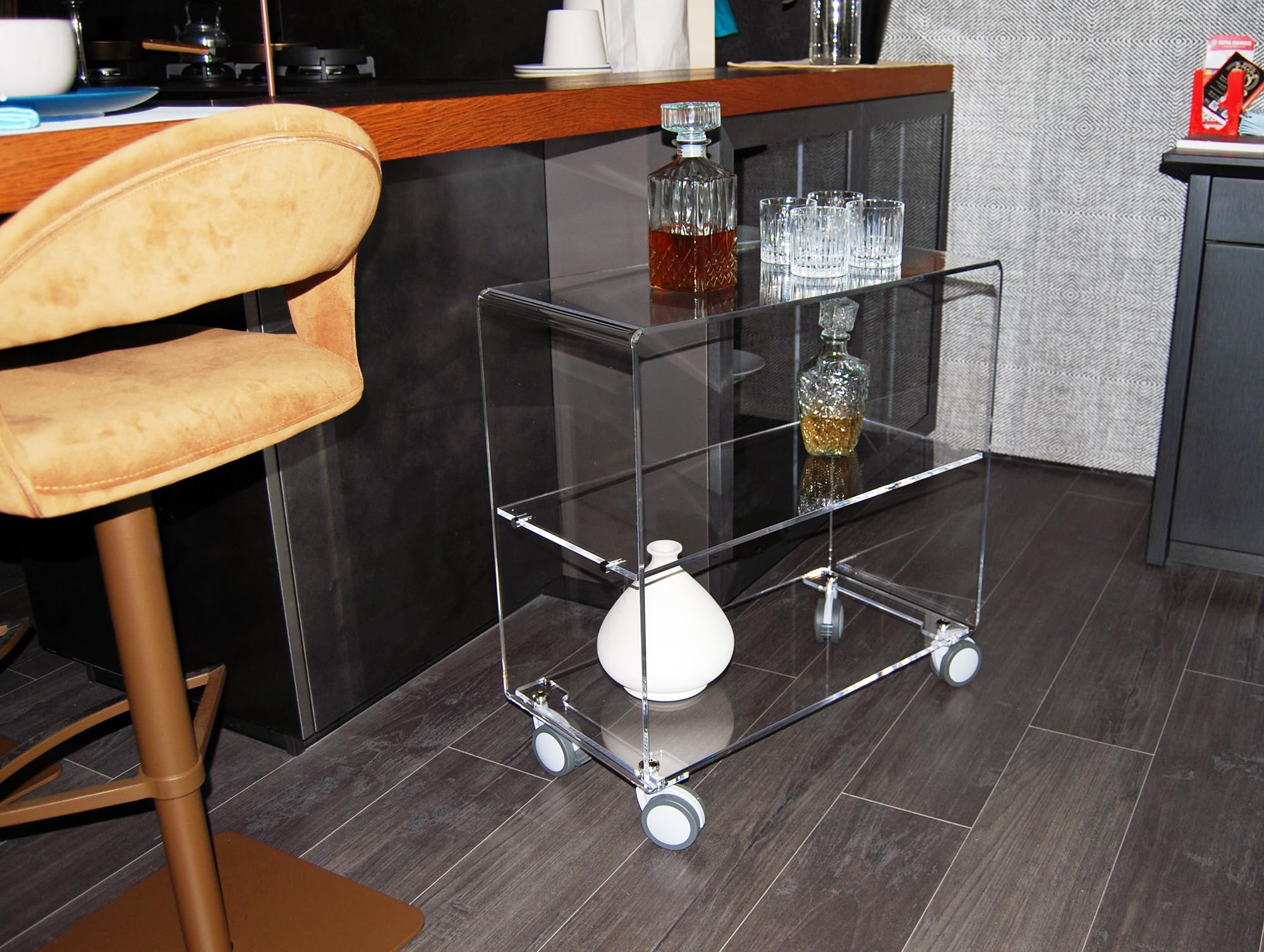 Slato Cleo Maxi - Mobiletto o Carrello con Ruote in Cristallo Acrilico, 70 x 33 x 71 cm, Trasparente da Soggiorno a Tre Ripiani, Leggero, Elegante, Porta Oggetti, Design Moderno Made in Italy