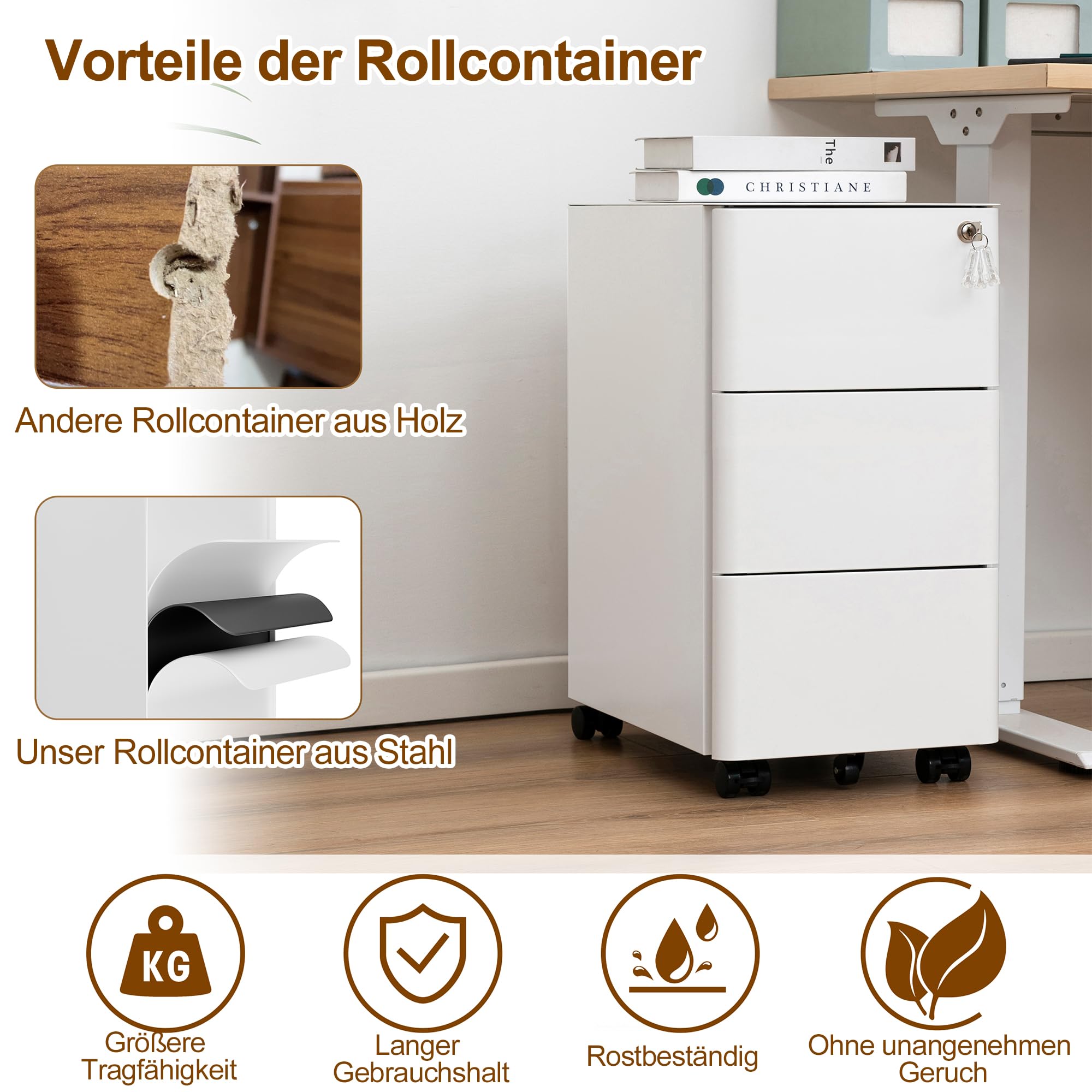 HOMSTEEL Rollcontainer Mit 3 Schubladen - Mobiler Aktenschrank