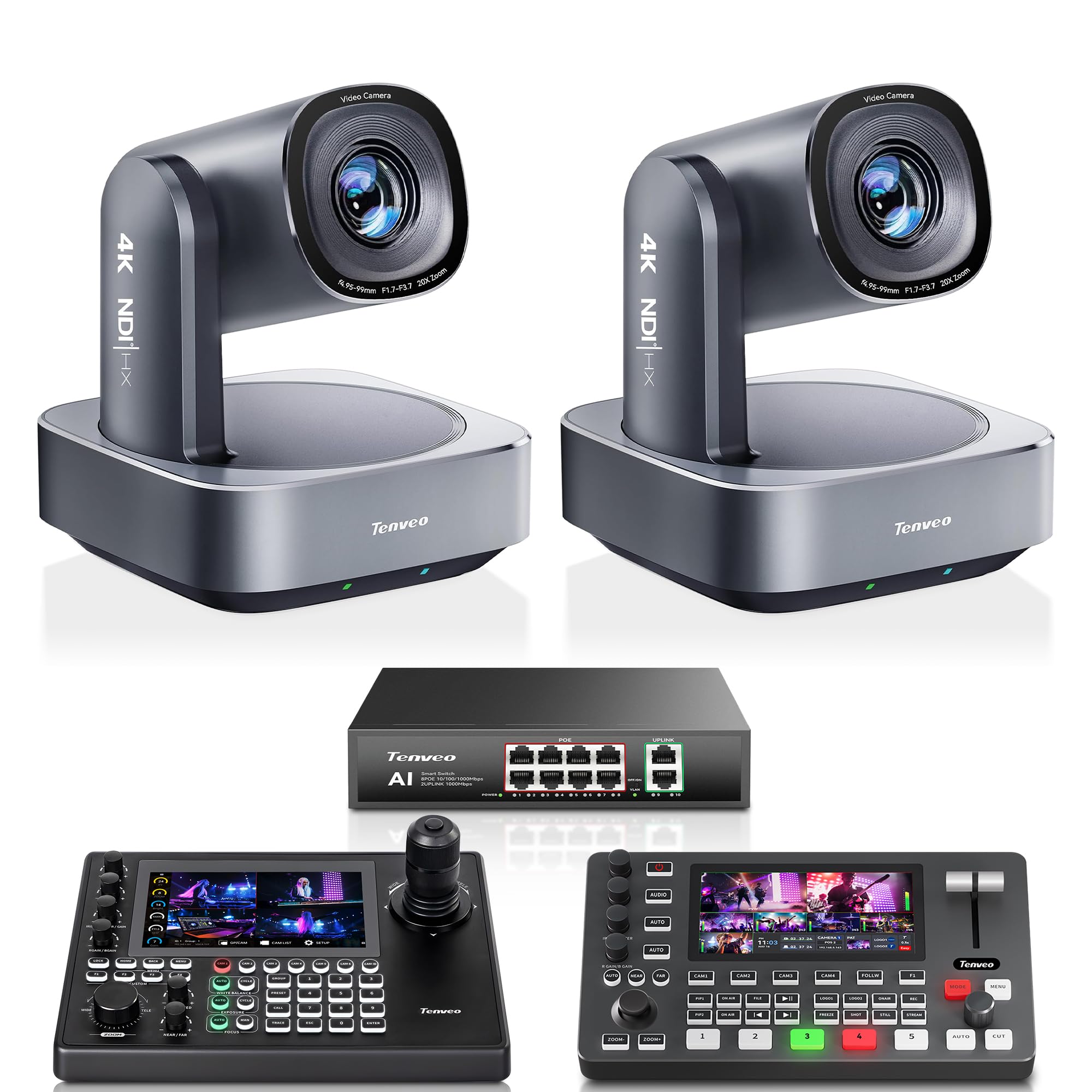 Tenveo Kit Telecamere PTZ, 2 Telecamere PTZ NDI 4K con AI Tracking Zoom 20X (HDMI/USB3.0/LAN PoE), Controller Joystick 4D con Schermo Touchscreen 7" Quad-View, Switcher Mixer Video e Switch PoE