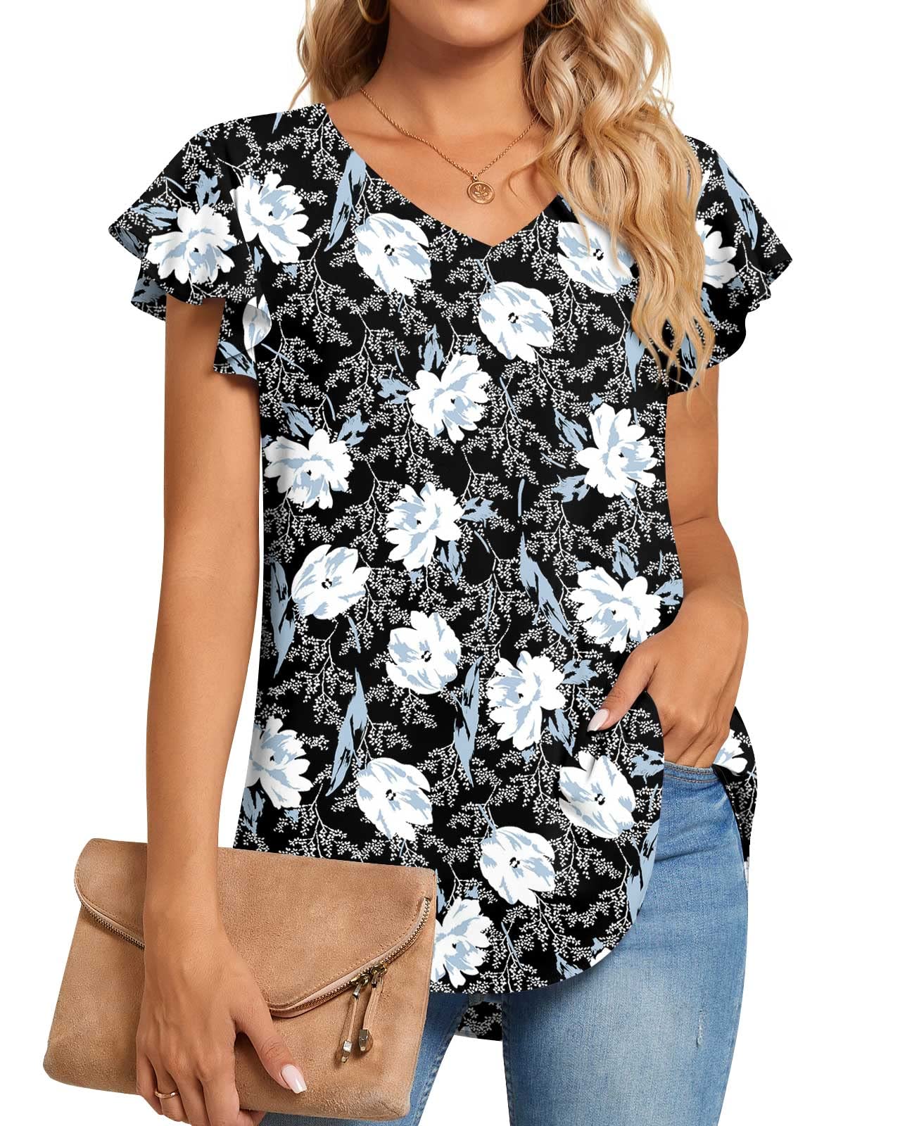 TAOHUADAO Women Summer Tops V Neck Ruffle Short Sleeve T-Shirts Chiffon Blouses