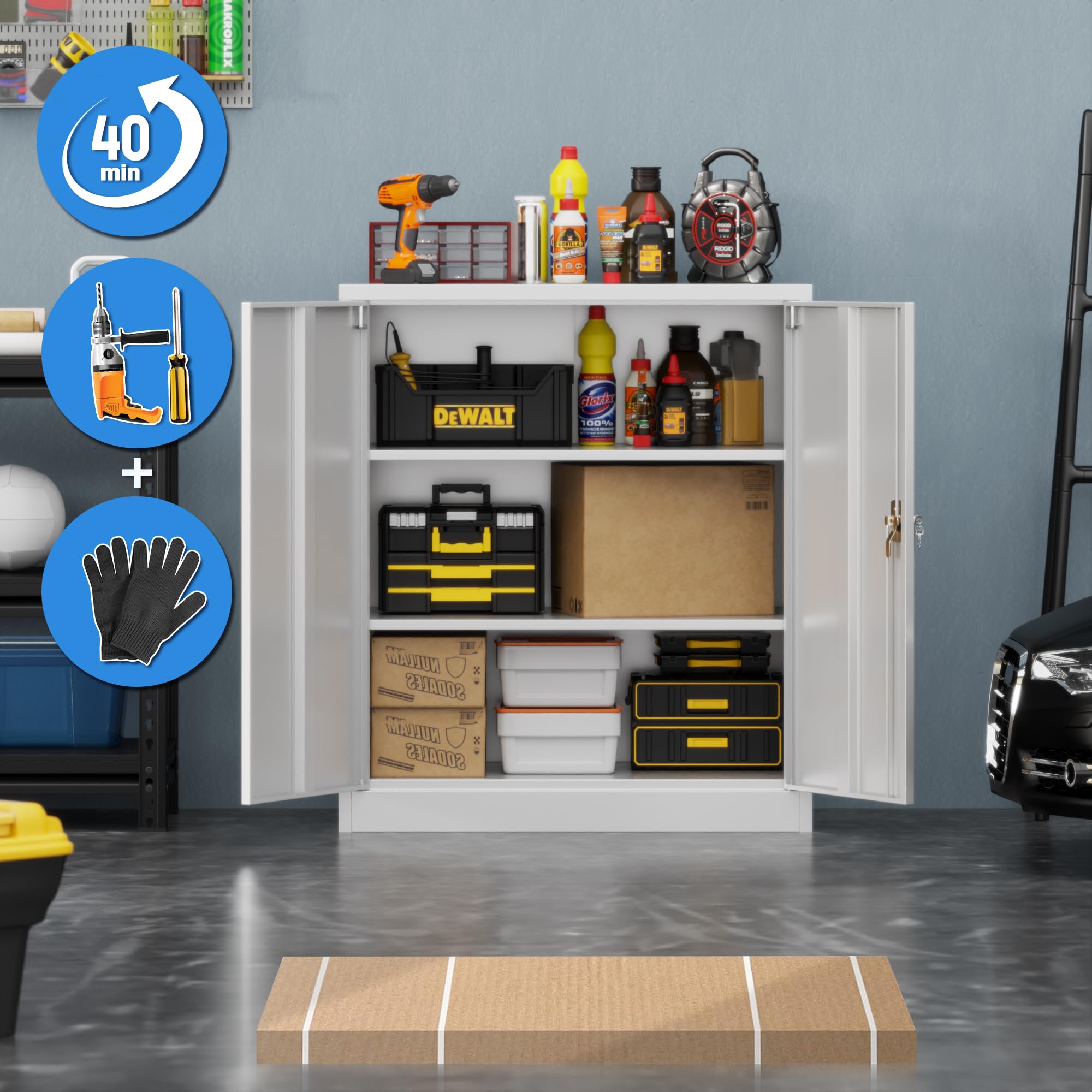 SUPEER 90 cm hoge metalen kast met 2 in hoogte verstelbare planken, gepoedercoat plaatstaal, gereedschapskast voor garage, 90,00 x 80,00 x 40,00 cm (h x b x d