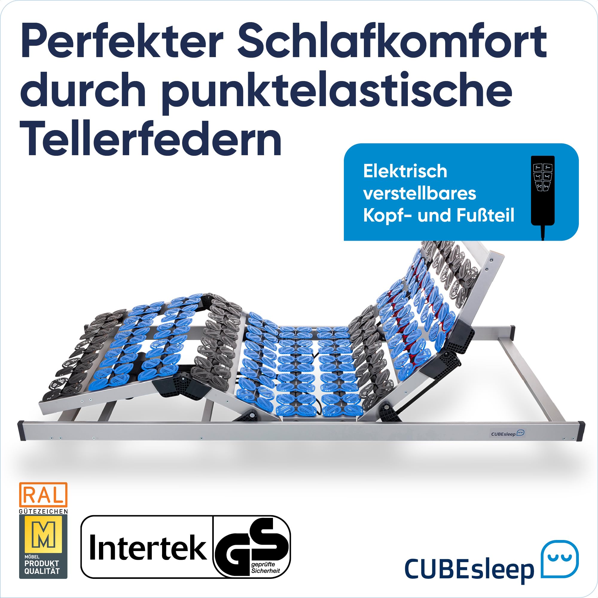 CubeSleep 7-strefowy stelaż pod materac Cloud 90x200 cm | Regulacja elektryczna zagłówka i podnóżka | Wyprodukowano w Niemczech | Certyfikat GS - przetestowana bezpieczność | gotowy do użytku