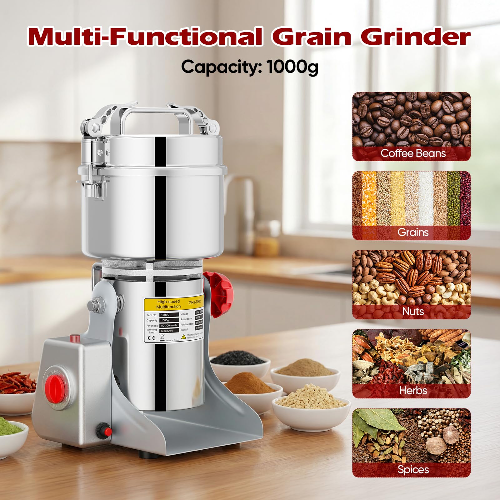 1000g Mulino per Cereali, Macina Spezie per Sesamo/Frutta Secca/Cereal | 3600W, 220V, Blocco di Sicurezza Del Coperchio, Protezione da Sovraccarico, Design con Rotazione a 270°,Sistema a Tripla Lama