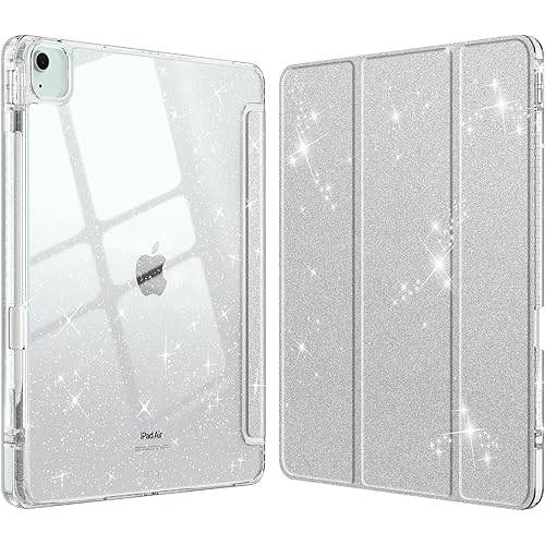 Fintie Hybrid Slim Case for iPad Air 13-inch (M3) 2025, (M2) 2024 - [Built-in Pencil Holder] Shockproof Cover with Clear Transparent Back Shell, Glittering Silver