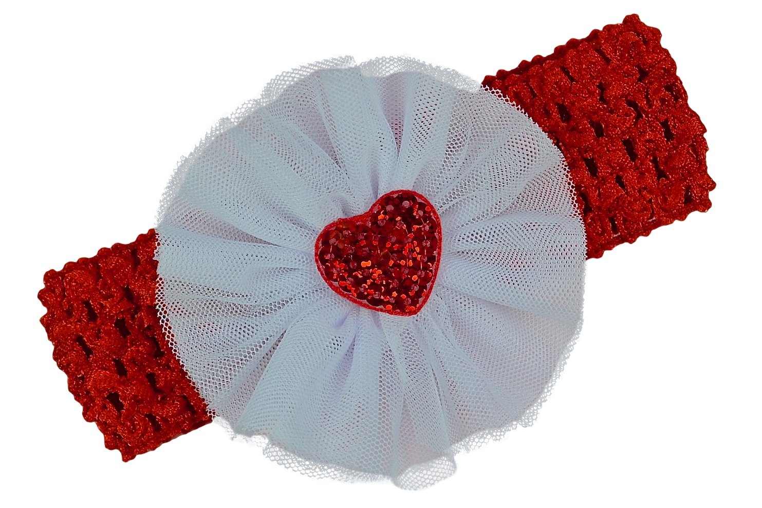 Funny Girl Designs Valentine Crochet Baby and Toddler Headband with Tulle Flower and Sequin Heart (Red Band with White Tulle)