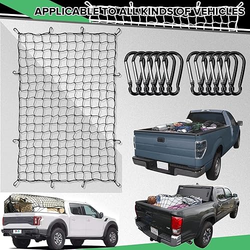 Miniatura 5 de Red de carga para cama de camioneta red de carga elástica de 4 x 6 pies para camión red organizadora universal de coche para cargas grandes con 12