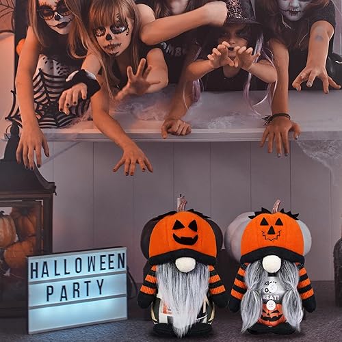 Miniatura 6 de Decoraciones de gnomo de Halloween, paquete de 2 sombreros hechos a mano con cara de calabaza sueca Tomte nórdico de felpa elfo Nisse adorable gnomo