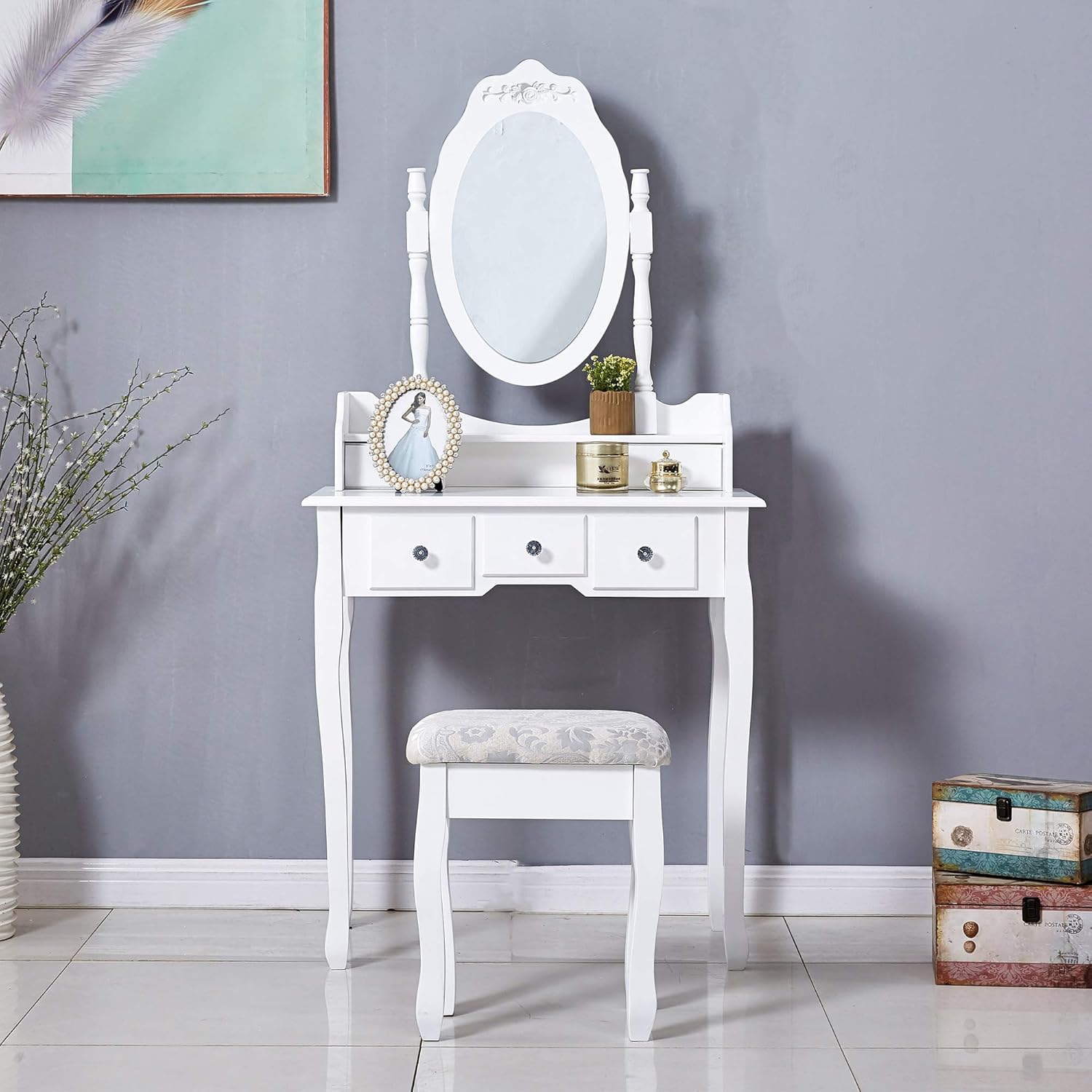 White Dressing Table, Oval Mirror & Stool Set (5 Drawer) Bedroom Makeup