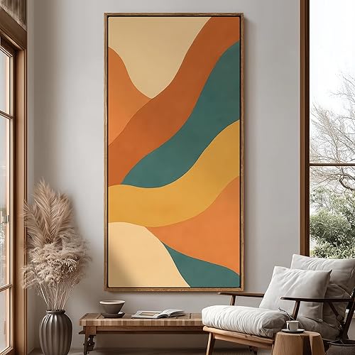 Miniatura 5 de wall26 Lienzo enmarcado extra grande para pared, diseño de ondas abstractas retro en naranja, amarillo y verde azulado, obra de arte contemporánea