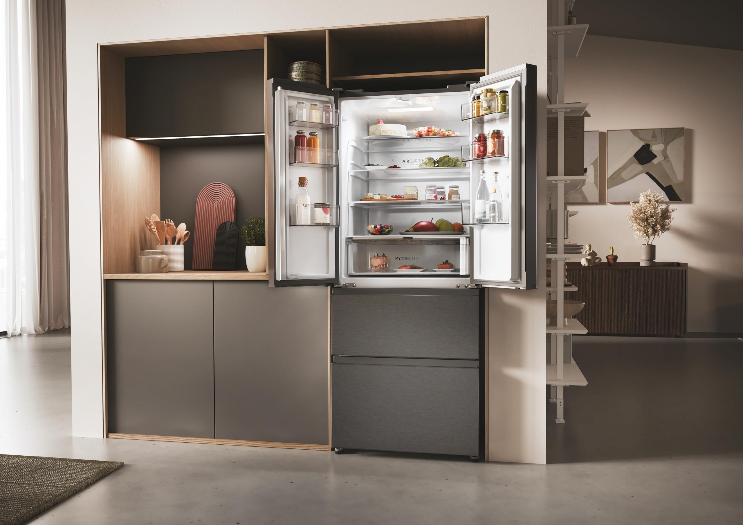 Haier FD 70 Serie 3, Frigorifero French Door, 2 Porte + 4 cassetti, 402 Litri, Total No Frost, Air Surround, My Zone, Libera Installazione, Classe E, (AxLxP) 177,5x70x68,8 cm, Dark Inox- HFR3718ENMD