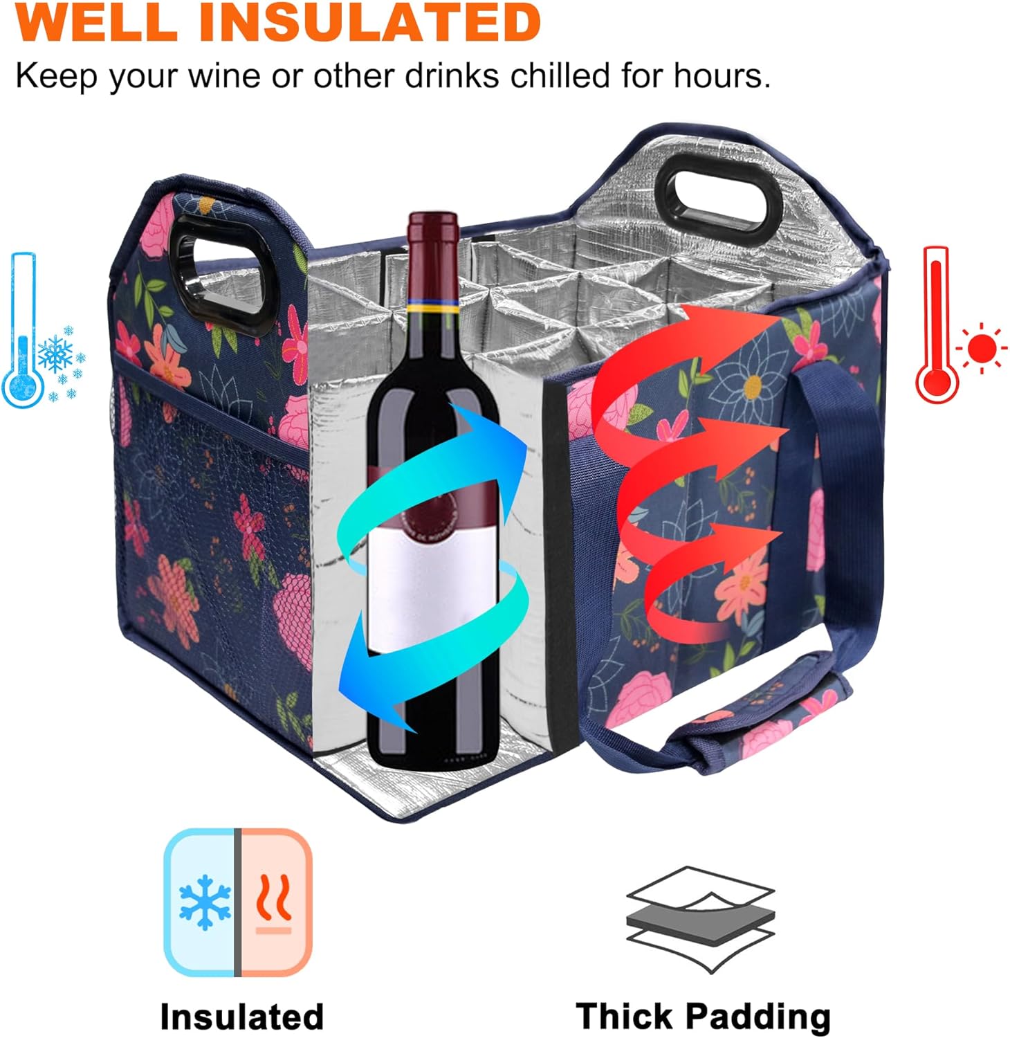 12 Bottle Wine Carrier Collapsible Bottle Caddy with Handles Storage Box for Travel Picnics Weddings Shopping Wine Tasting (Blue Floral)