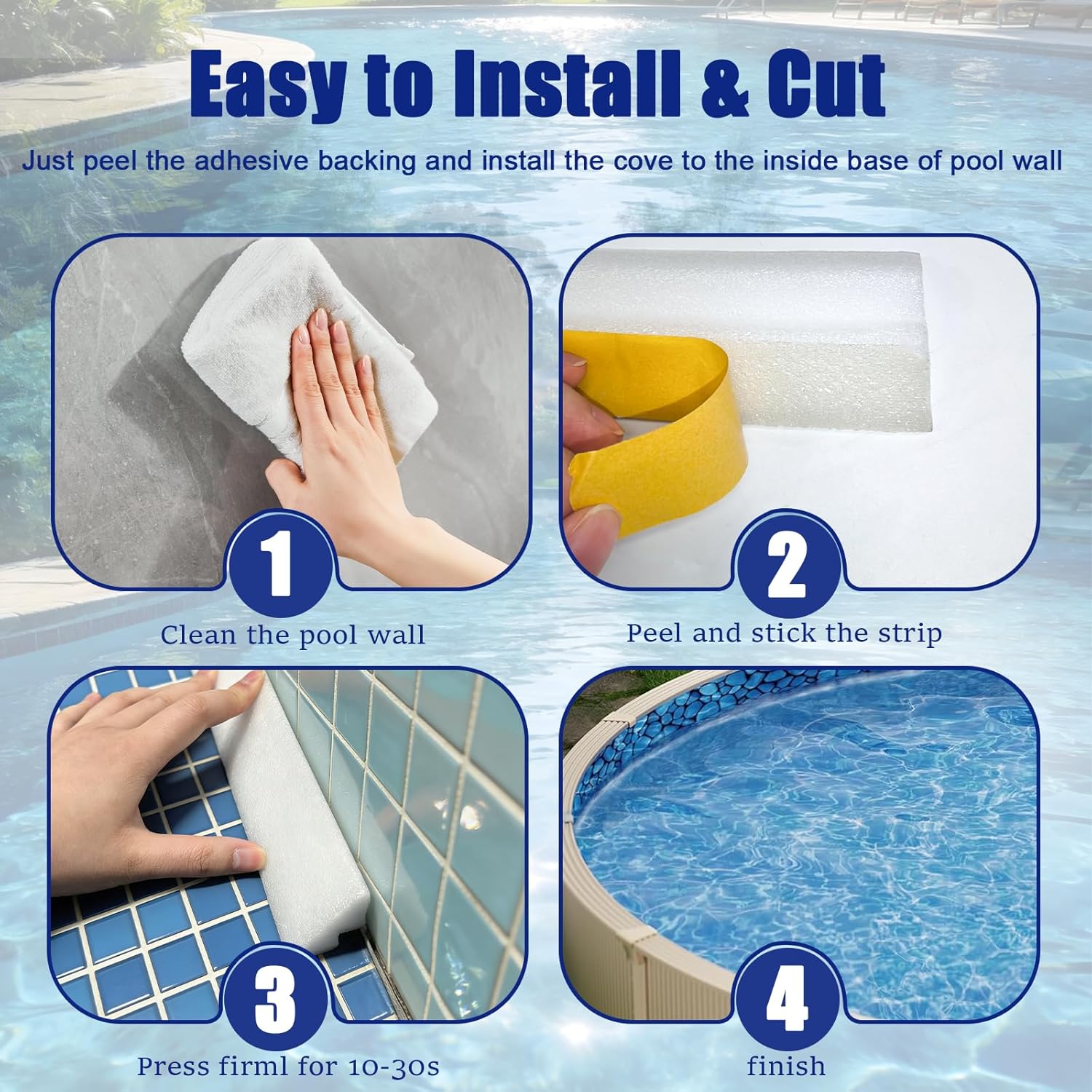 60PCS Peel and Stick Pool Cove, Closed Cell Foam Above Ground Pool Cove with Adhesive Backing, 24' Round Pool Liner Protection, Prevents Pool Liner Wear & Tear, Easy DIY Installation