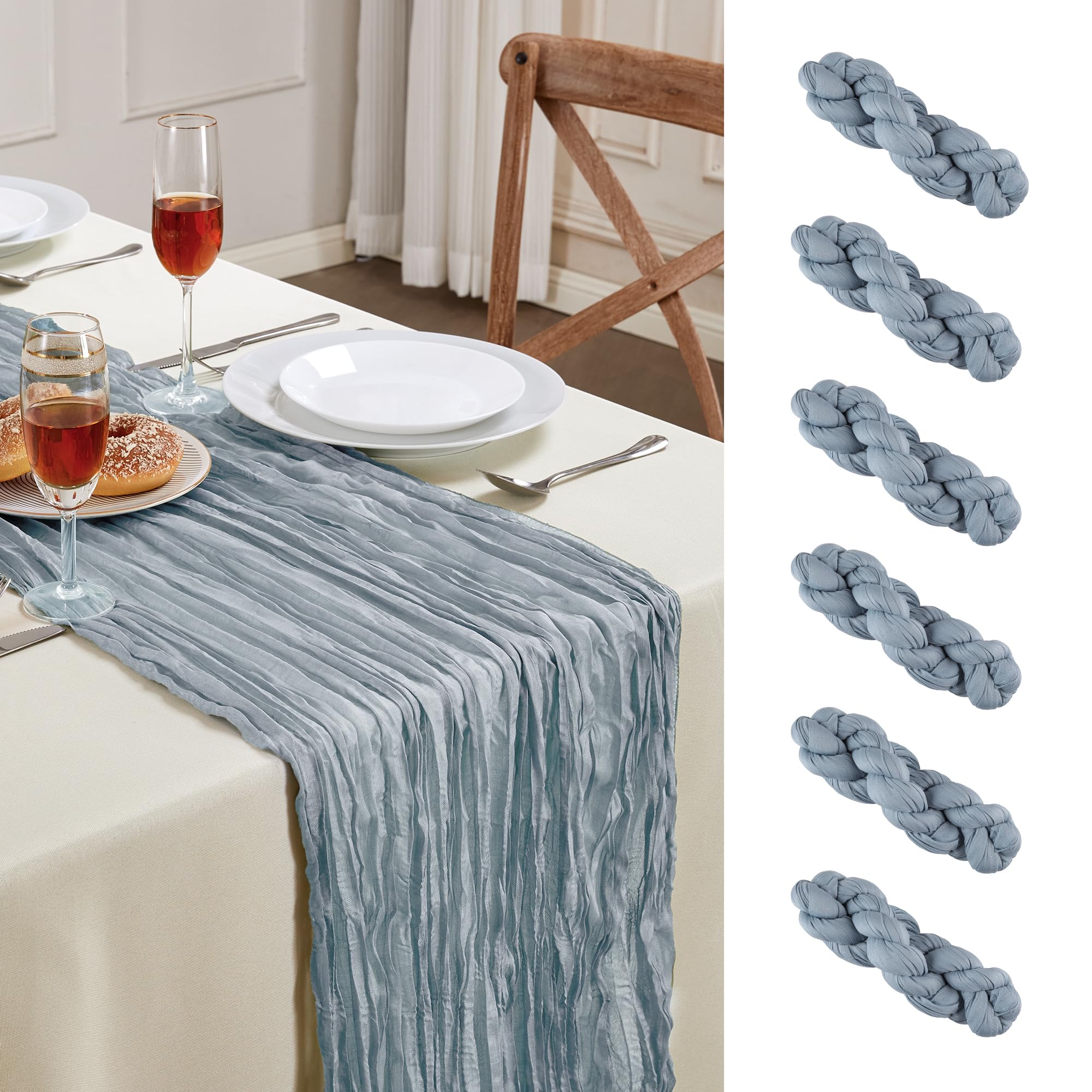 6 Pack Cheesecloth Table Runners 10FT - Dusty Blue Boho Gauze Runners For Wedding, Party, Christmas