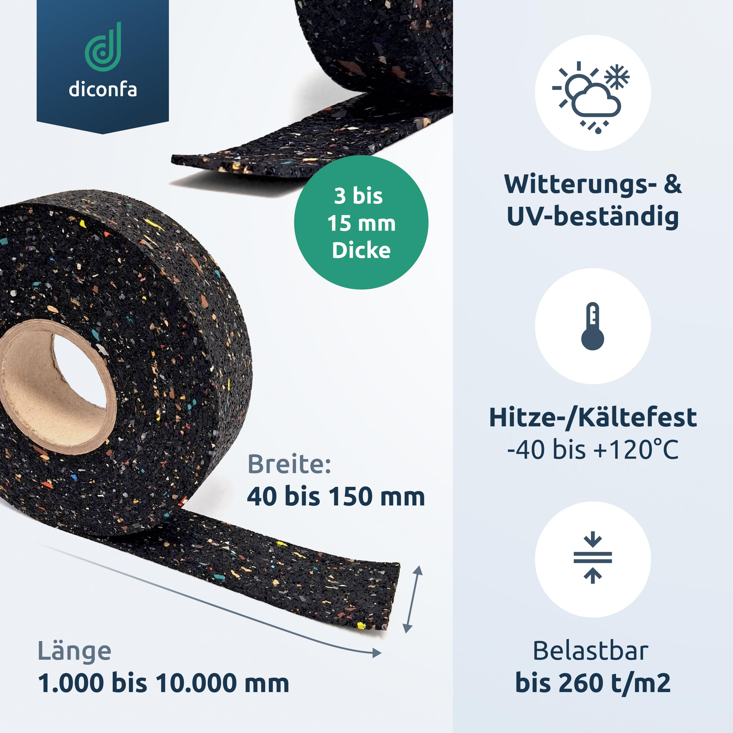 diconfa Terrassenpads Rolle - BREITE: 40 bis 150mm - Dicke: 3mm 4mm 5mm 6mm 8mm 10mm 15mm 20mm - LÄNGE: 1 bis 10m ==> 150 x 10000 x 5-mm, 1 Stück - Gummi-Streifen Terrassenbau Bautenschutzmatte