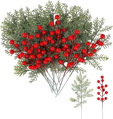 50 ramas de hojas de pino artificiales con 8 tallos artificiales de bayas rojas de Navidad, ramas de pino artificiales, plantas verdes, agujas de