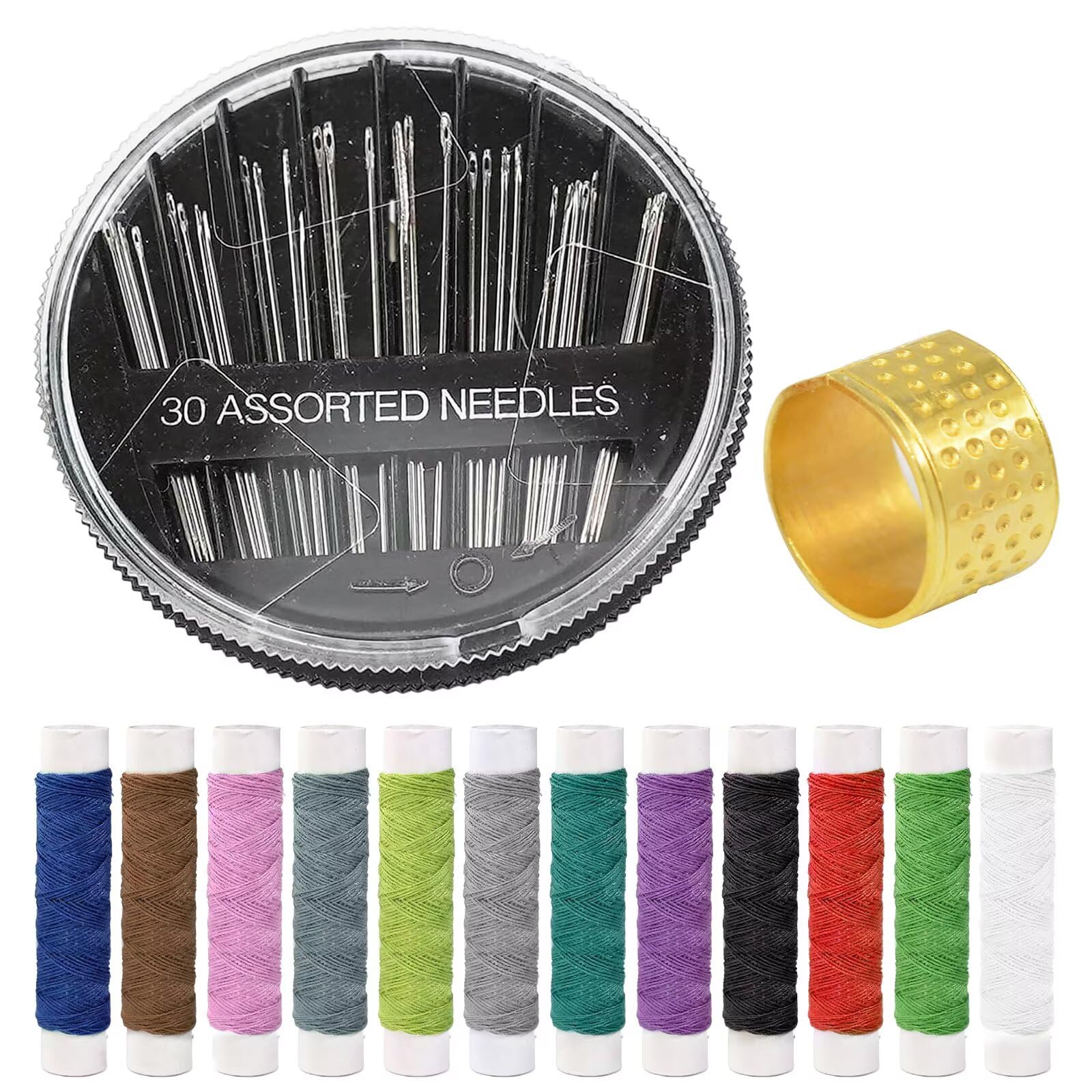 Sewing Needles, Hand Needles, Sewing Kit with 30 Sewing Needles, 12 Coloured Yarn Rolls and 1 Thimble, Darning Needles, Hand Sewing Needles, Embroidery Needles for Weaving, Knitting, DIY Embroidery