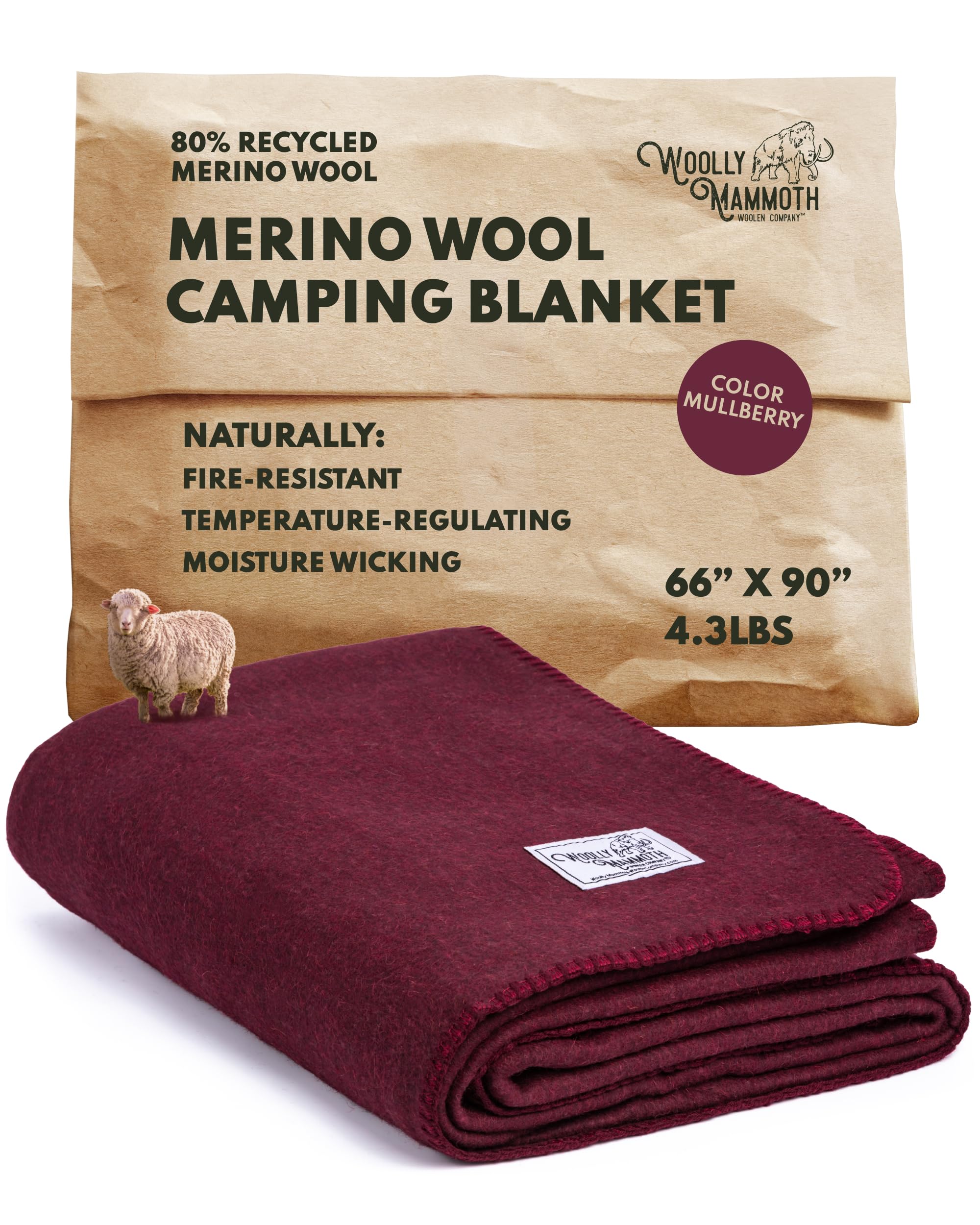 Woolly Mammoth Woolen Company Merino Wool Throw Blanket - 66 x 90 in, Mulberry, 80% Wool Blanket - Camping & Backpacking - Outdoor Throw for Hunting & Bedrolls