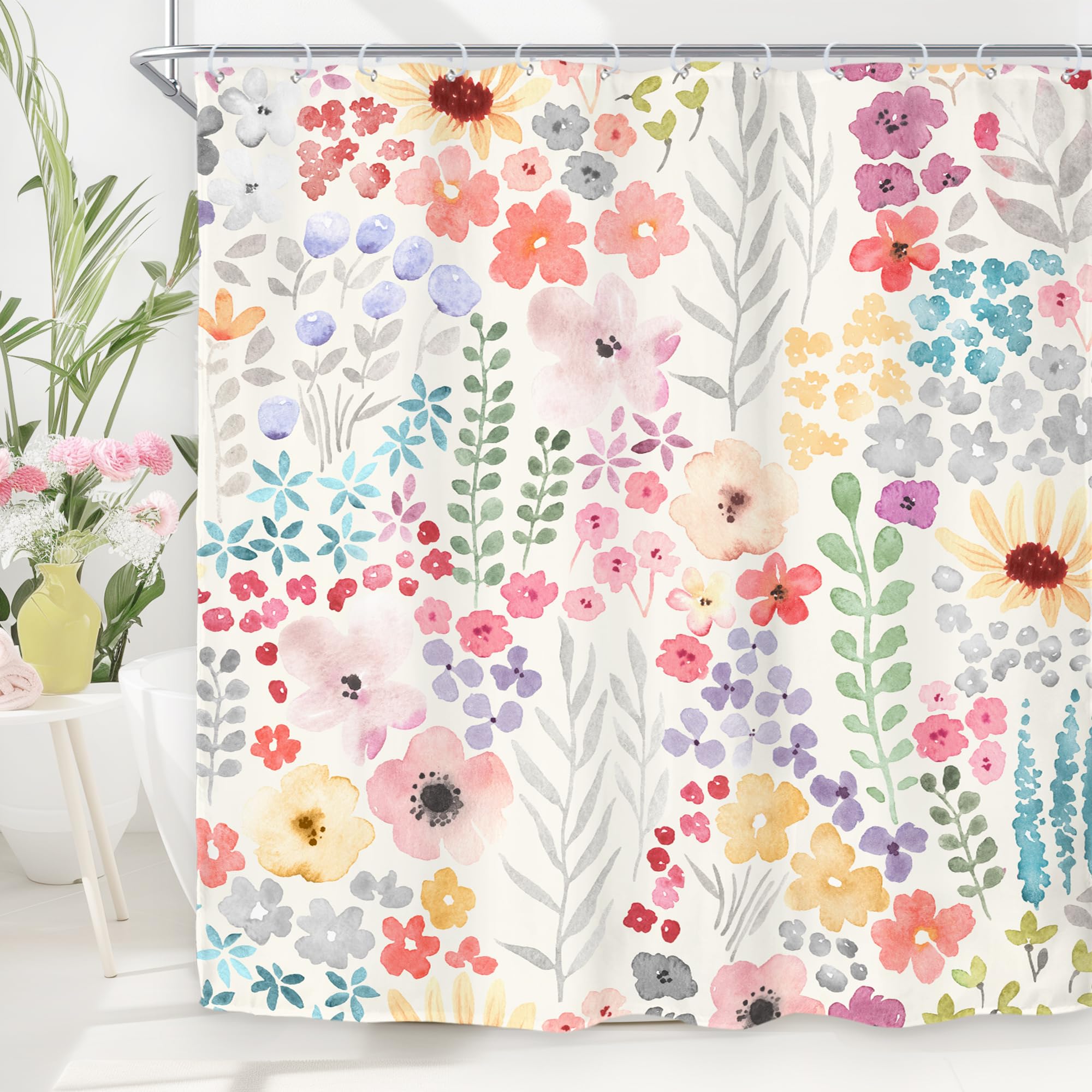 Duschvorhang Mit Wildblumen-Motiv – 183x183 Cm, Wasserdicht – Inkl. 12 Haken (Grau/Rosa)