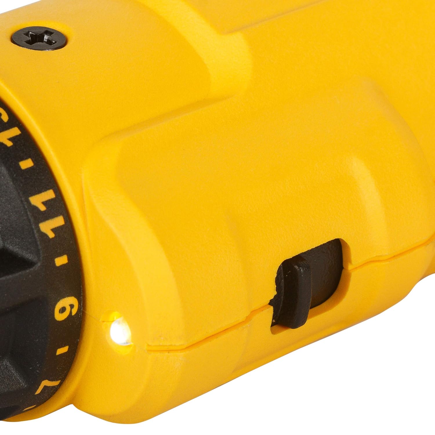 Close-up of the DEWALT DCF008 showing the illuminated LED light and its on/off switch.