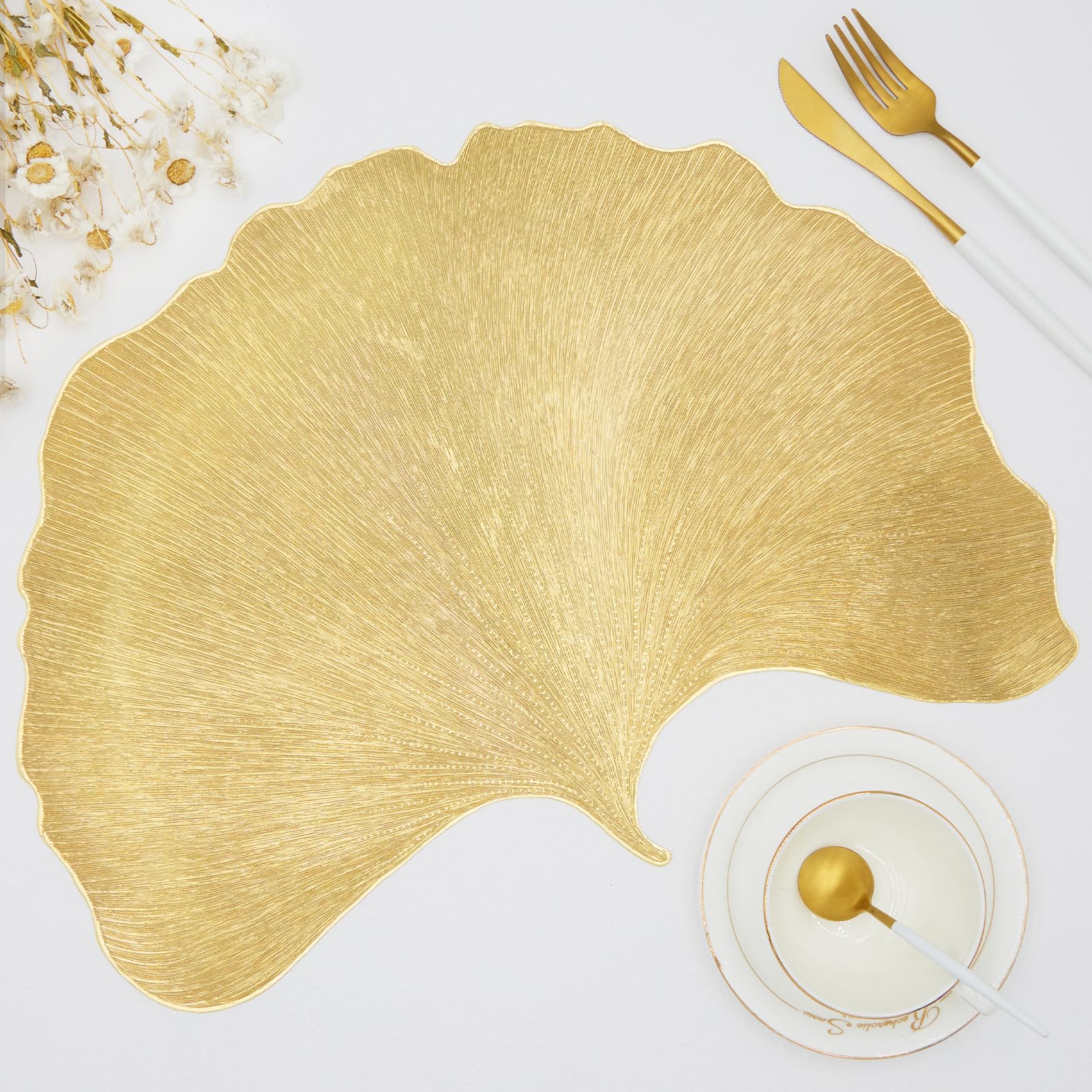Gold Leaf Placemats Set of 6, Ginkgo Shape Vinyl Placemats Wipeable Easy Clean Dining Table Mats for Holiday Wedding Accent Centerpiece Table Setting Decor