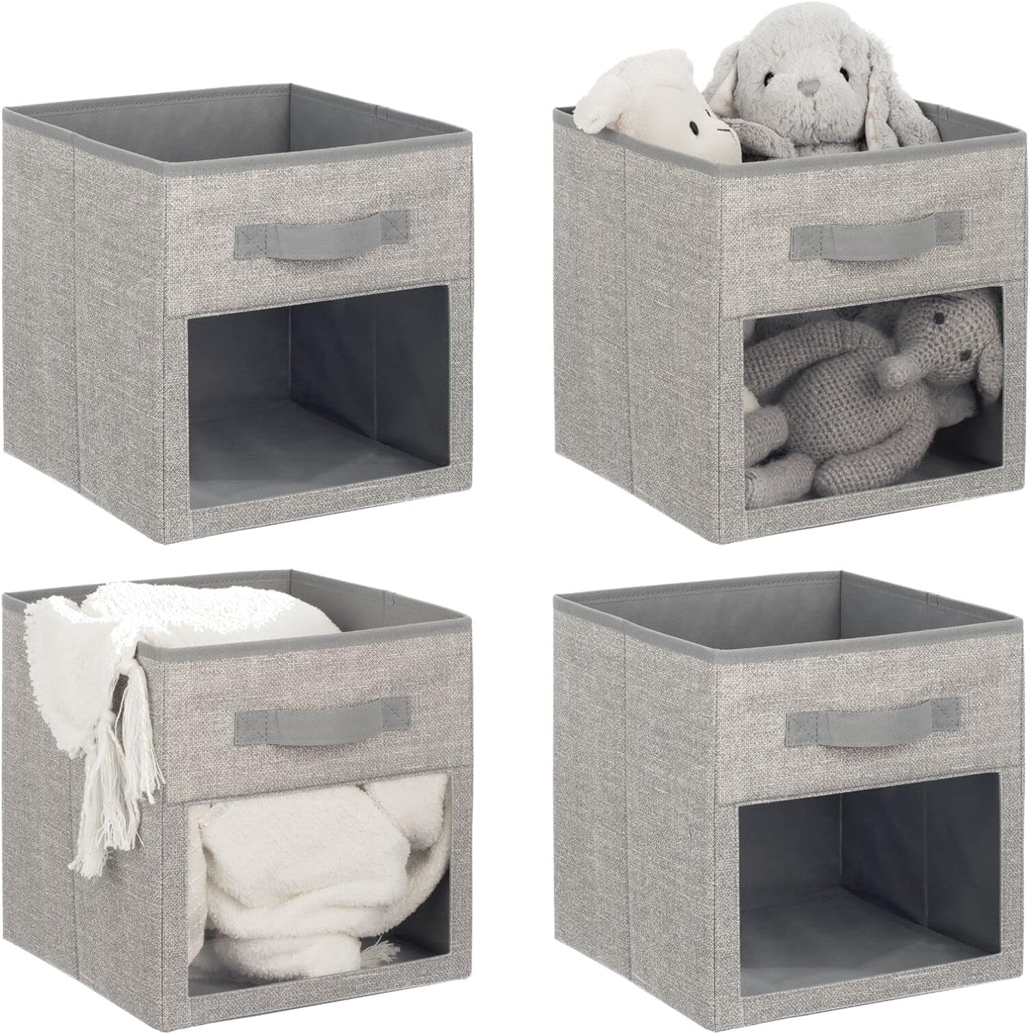 Frances 4 Pack 11 Inch Fabric Storage Cubes,Collapsible Storage Bins with Window,Fabric Storage Baskets for Shelves,Large Capacity Cube Storage Bin for Toys, Clothes, Sundries (Beige)