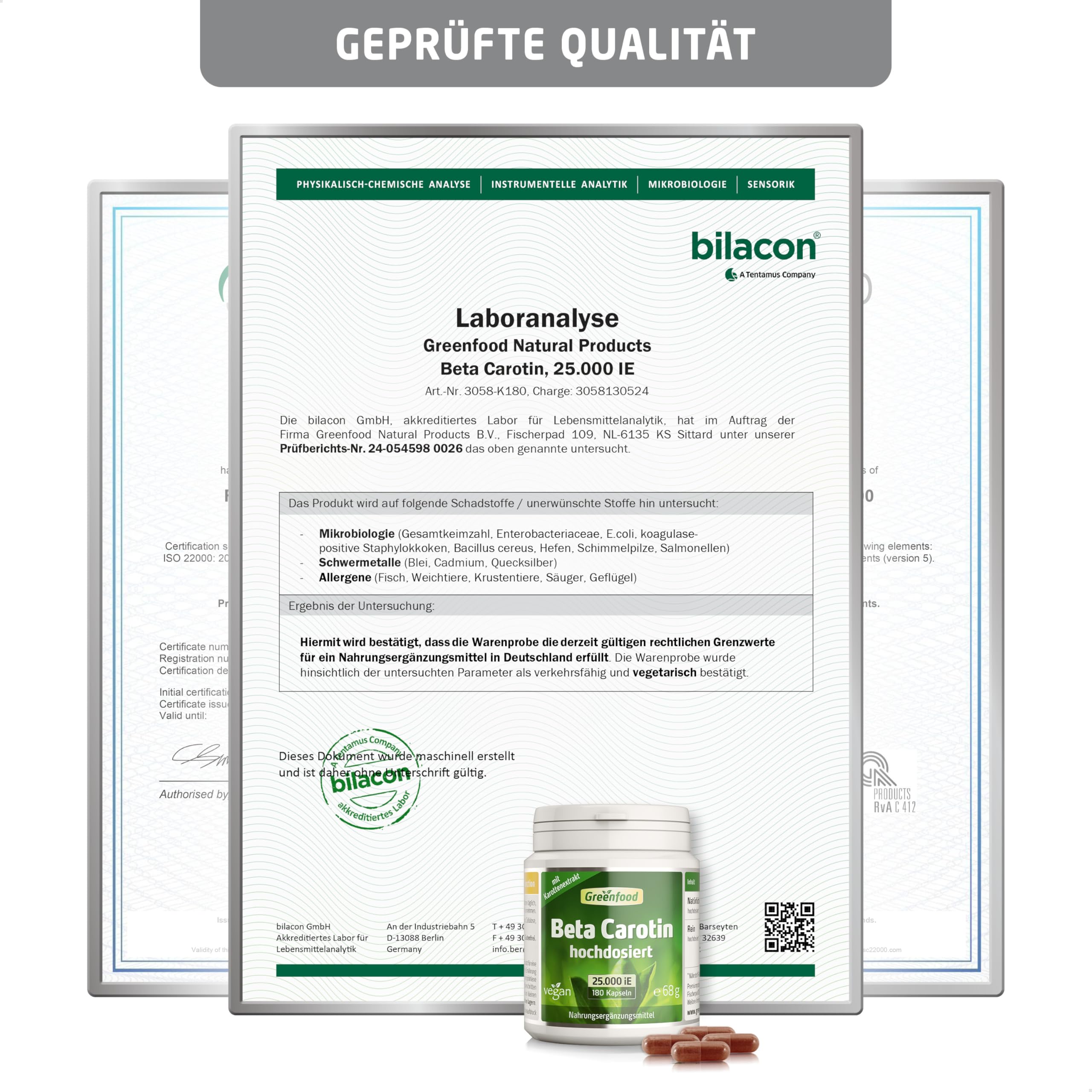 Beta Carotin, hochdosiert, 25.000 iE (30mg) - 180 Kapseln, vegan. Vorstufe von Vitamin A – gut für Sehkraft, Haut & natürliche Bräune - OHNE künstliche Zusätze - laborgeprüft. Von Greenfood.