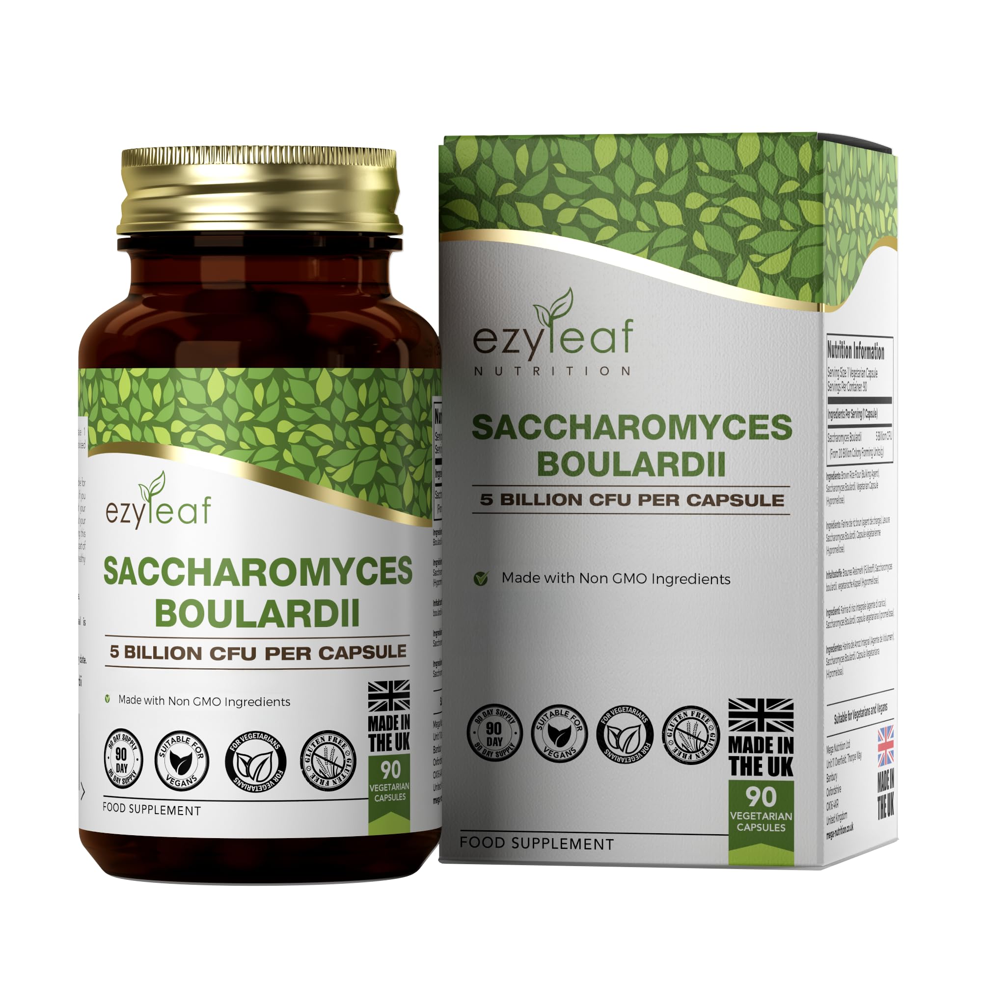 Ezyleaf Saccharomyces Boulardii [5 Billion CFU] | 90 Vegan Capsules | Probiotic Supplement | S Boulardii Probiotic with Clean Fillers | ISO Certified, Non-GMO, Gluten & Allergen Free
