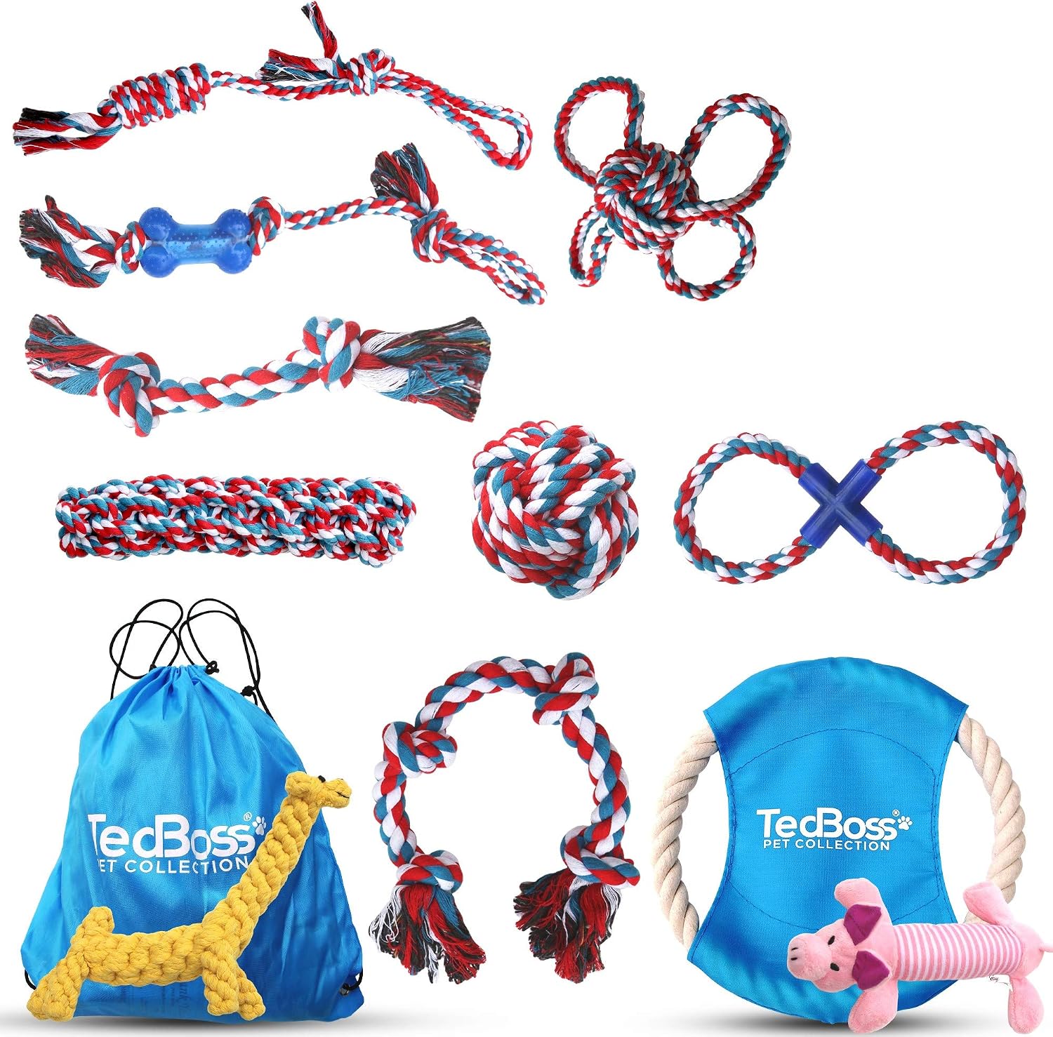 Dog Toys Dog Rope Toy Set - 11 Ropes Frisbee Squeaky Toy Set Plus Bonus Bag - Teething Aggressive Chewers Pets Dog Small Medium to Large…