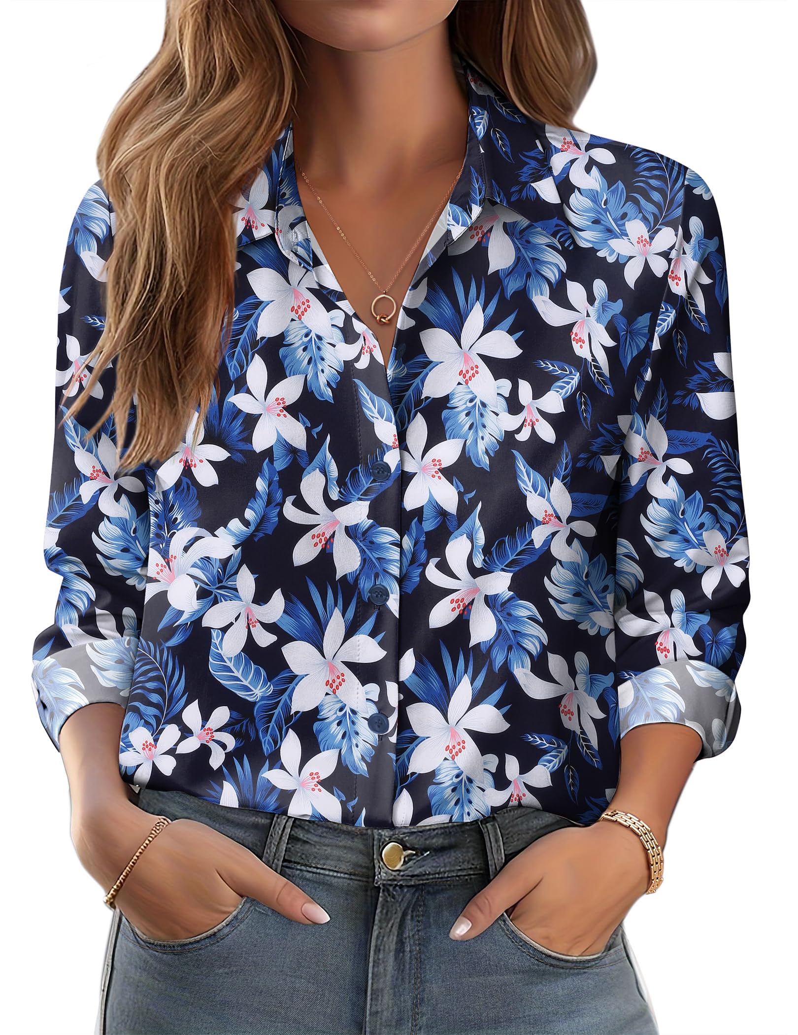 Zeagoo Button Down Shirts for Women Dressy Floral Printed Long Sleeve Blouse Business Casual Work Tops