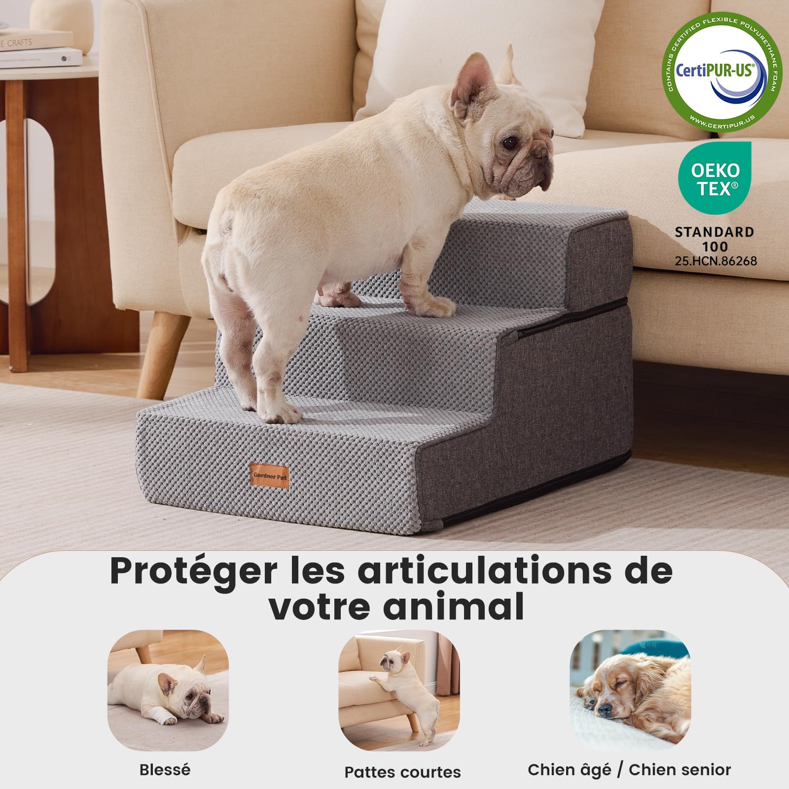 Gardner Pet Escaliers pour Chiens à 3 Marches en Éponge Haute Densité, Échelle Large pour Animaux de Compagnie avec Housse Amovible, Escaliers Chien Antidérapant pour Monter Canapé et Lit -Gris