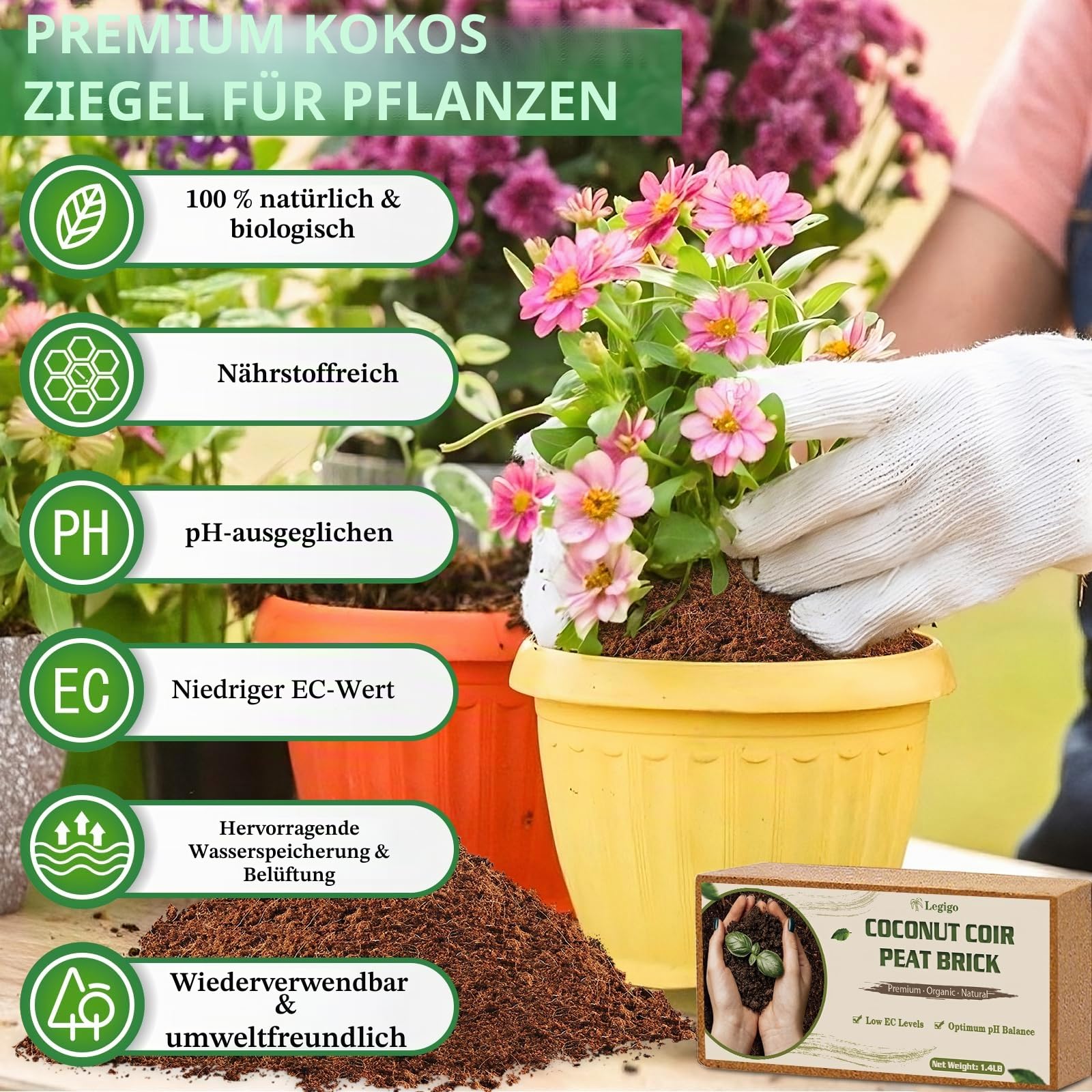 Legigo 2 Stück Premium-Kokosfaser-Briketts für Pflanzen – 100% biologische, komprimierte Kokosfaser-Briketts als Startmischung, Kokosfasern aus Kokosnussschalen zum Pflanzen, Substrat für Blumenerde