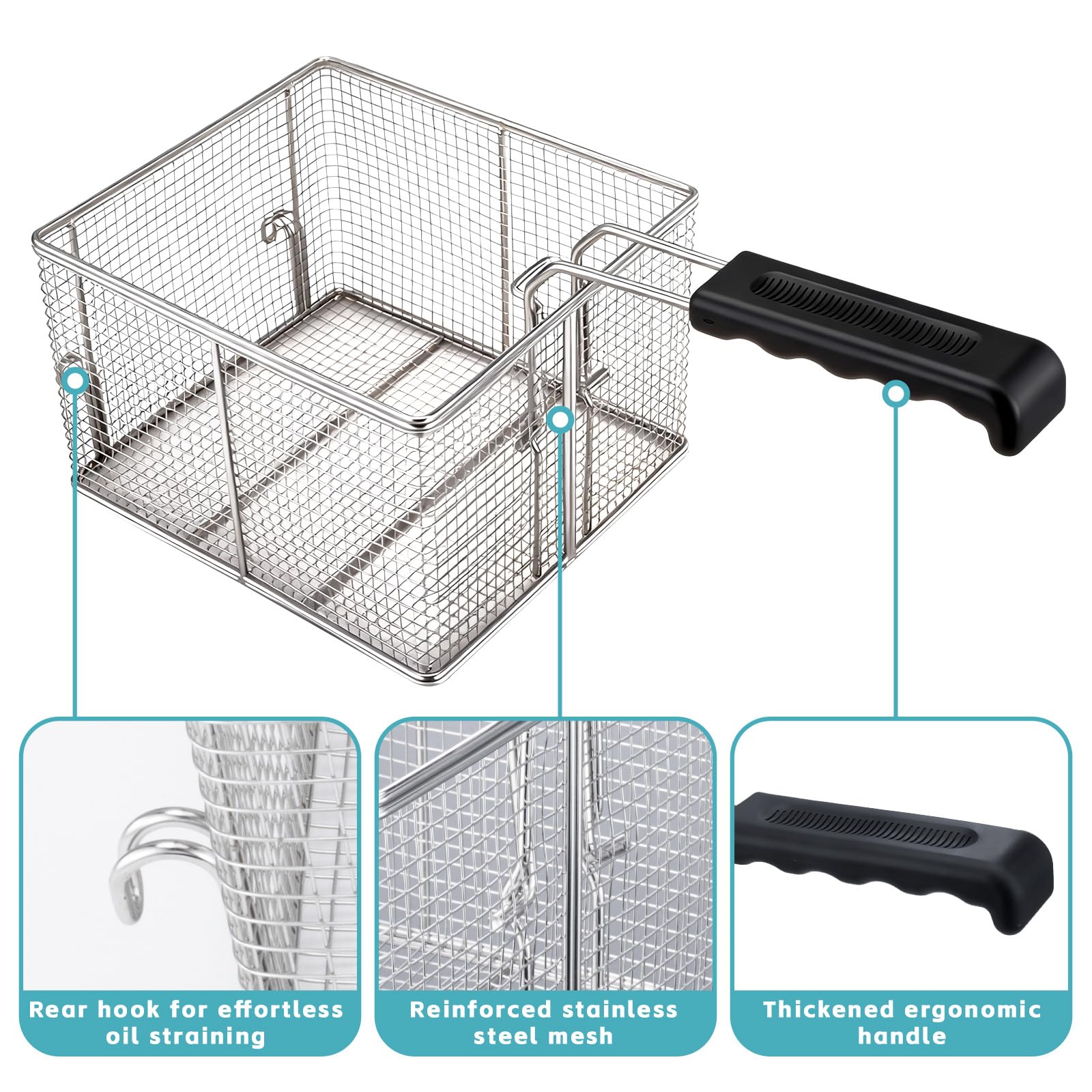 WaterElfo Cesta comercial para freidora, construcción de malla de acero inoxidable, 16.5 x 12 x 8.5 pulgadas, mango ergonómico, accesorio de cocina de grado profesional