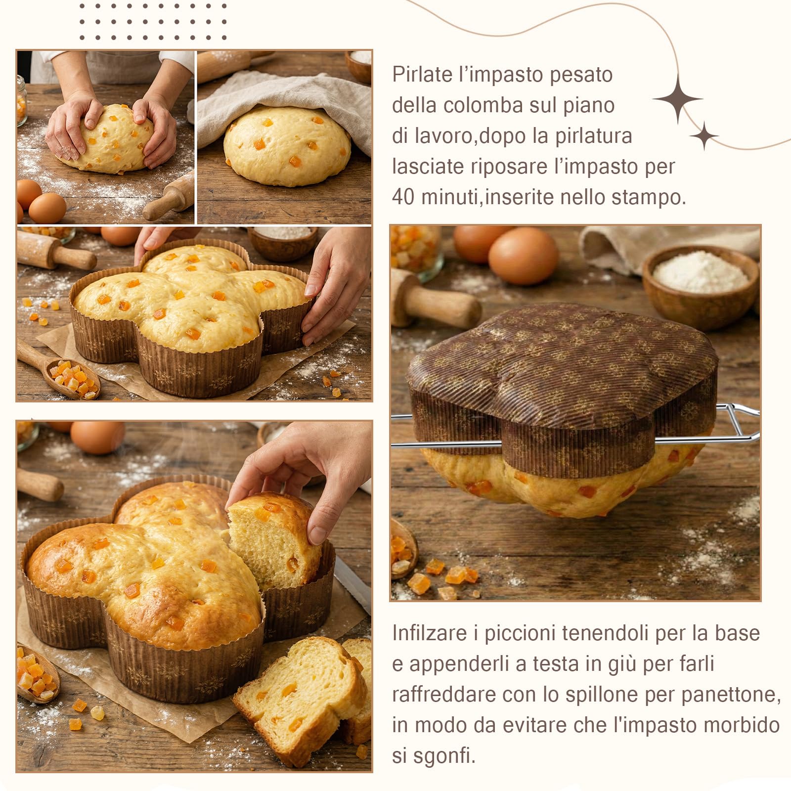 Hotop 3 Pezzi Spillone per Panettone Colomba Pasquale 1.5 kg 40 cm Acciaio Inox Forchetta di Raffreddamento Capovolt Anti-Cedimento Aghi per Lievitati Facile da Usare Casa e Pasticceria