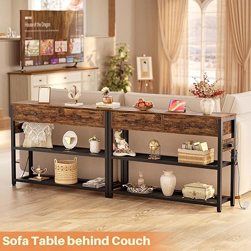 Miniatura 7 de Ecoprsio Mesa de entrada con salidas y puertos USB, mesa consola con 2 cajones, mesa de sofá pequeña con estantes de almacenamiento para sala de