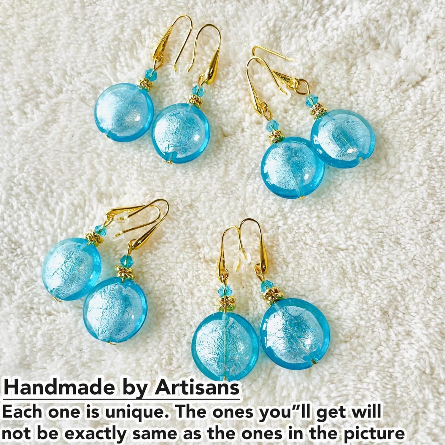 Murano Glass Earrings for Women (Aqua Silver/Teal), Large Murano Beads Earrings, Murano Glass Jewelry, 18k Gold Plated Drop Dangle Earrings for Women, Handmade Earrings